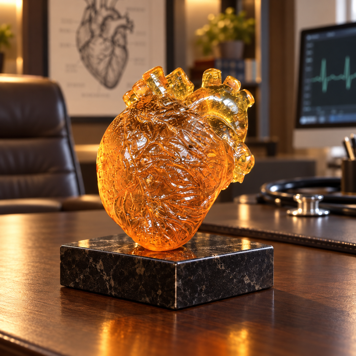 Natural Baltic Amber anatomical heart on a cardiologist's office desk, doctor appreciation gift by KIZIMA®