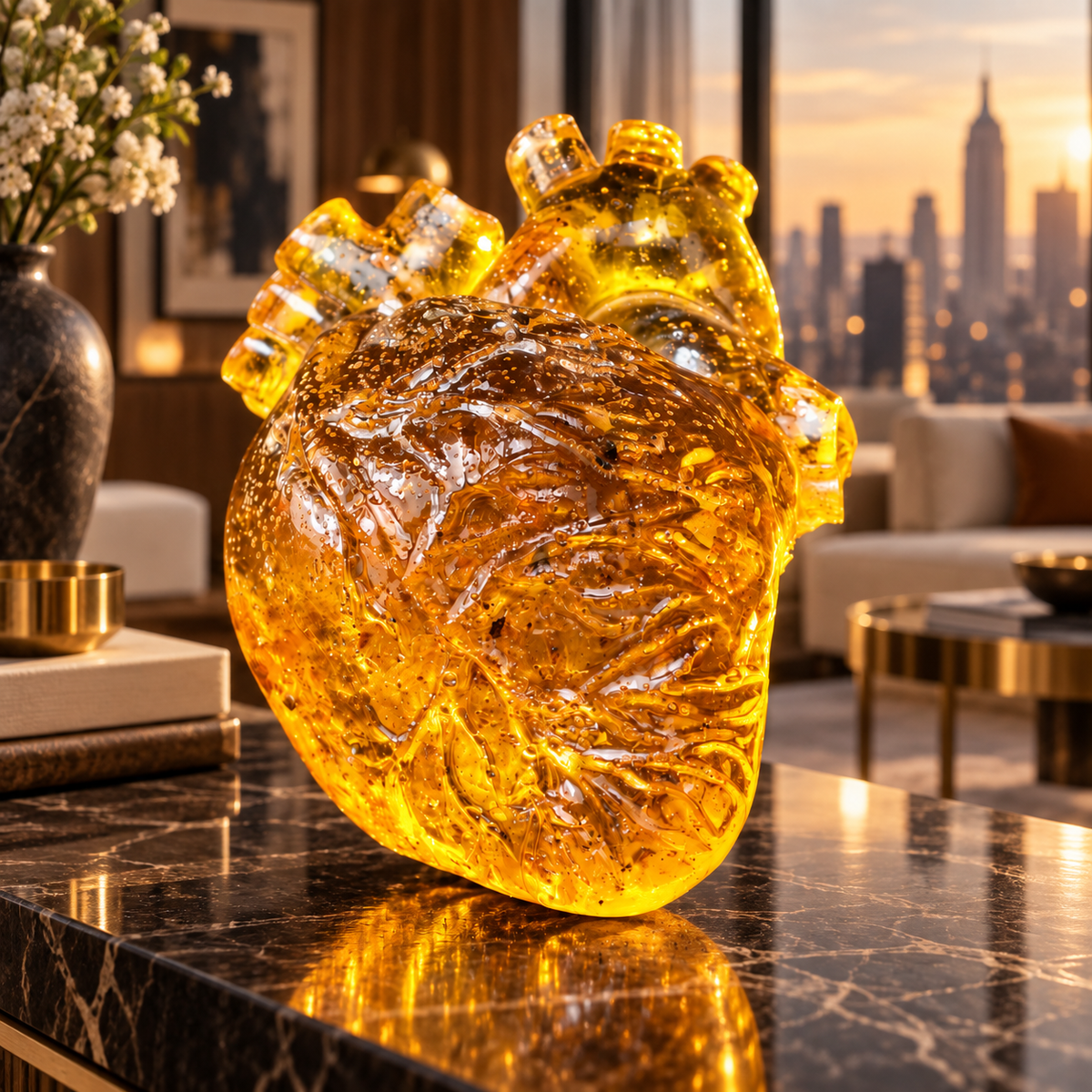 Baltic amber anatomical heart in a luxury interior, Made in USA amber decor by KIZIMA®