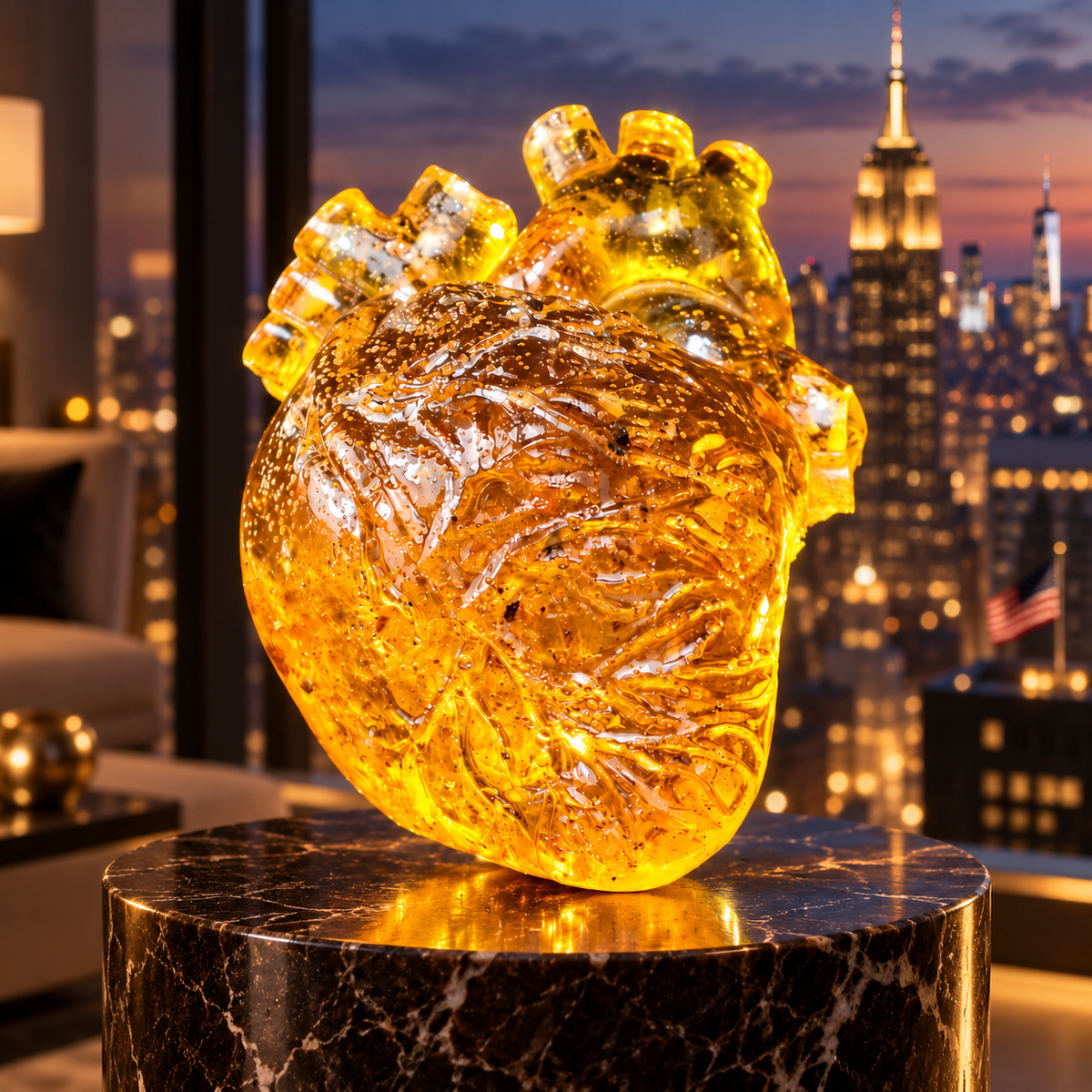 Genuine Baltic amber anatomical heart with a New York backdrop, handcrafted by KIZIMA® in Brooklyn