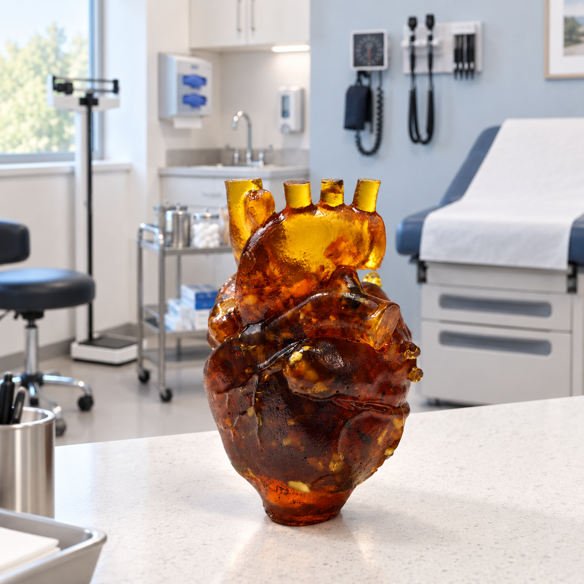 Natural Baltic Amber anatomical heart sculpture on a general practitioner's desk, Made in USA medical office decor and doctor gift by KIZIMA®