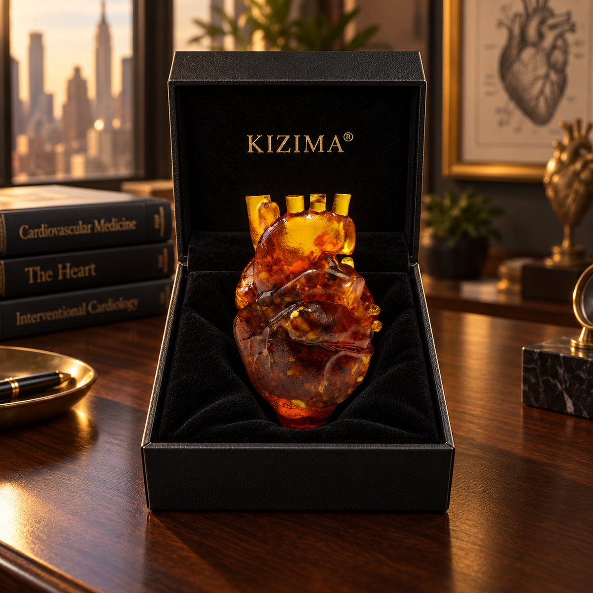 KIZIMA® Baltic amber anatomical heart in gift box shown in a cardiologist office, Made in USA medical graduation gift