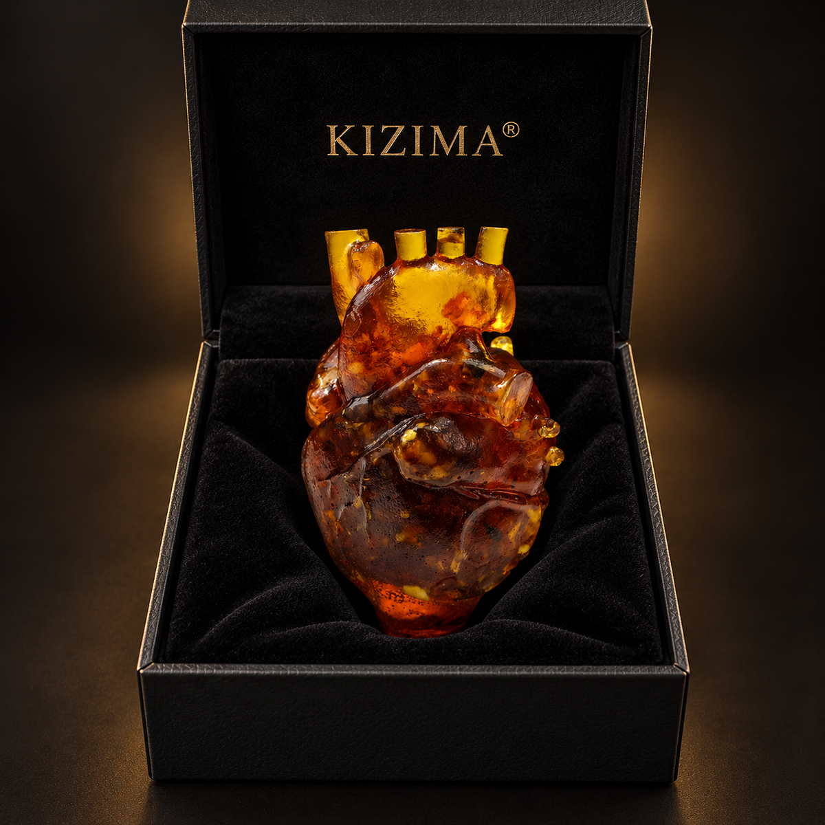 Natural Baltic Amber anatomical heart with KIZIMA® black gift box, ready-to-give doctor and nurse appreciation gift
