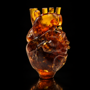 Genuine Baltic amber anatomical heart on a black studio backdrop, handcrafted in Brooklyn New York by KIZIMA®, Made in USA