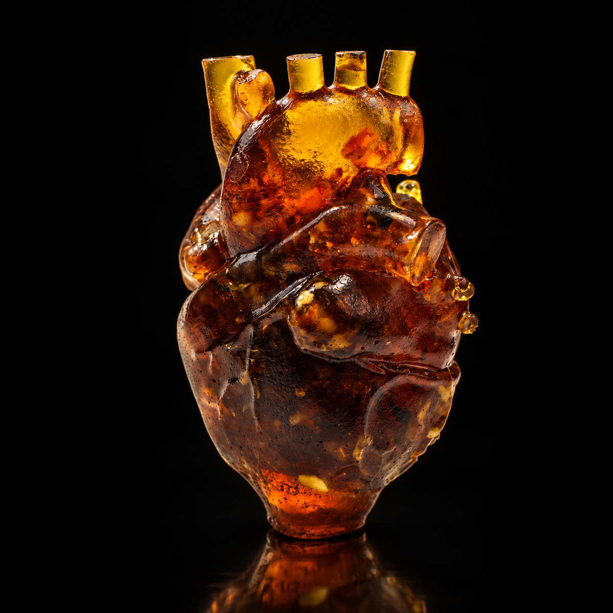 Genuine Baltic amber anatomical heart on a black studio backdrop, handcrafted in Brooklyn New York by KIZIMA®, Made in USA