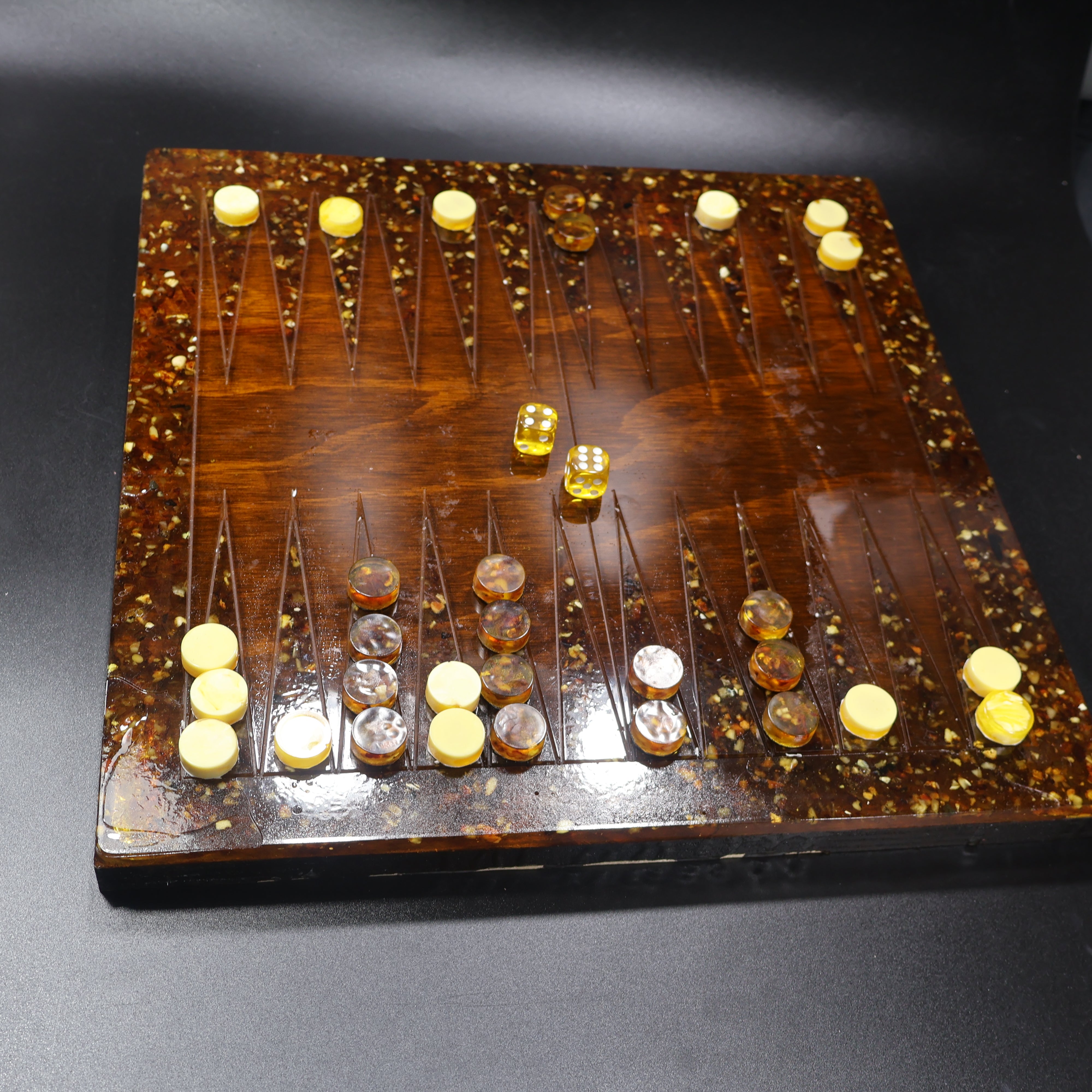 Handmade Baltic amber backgammon board full view showing amber checkers