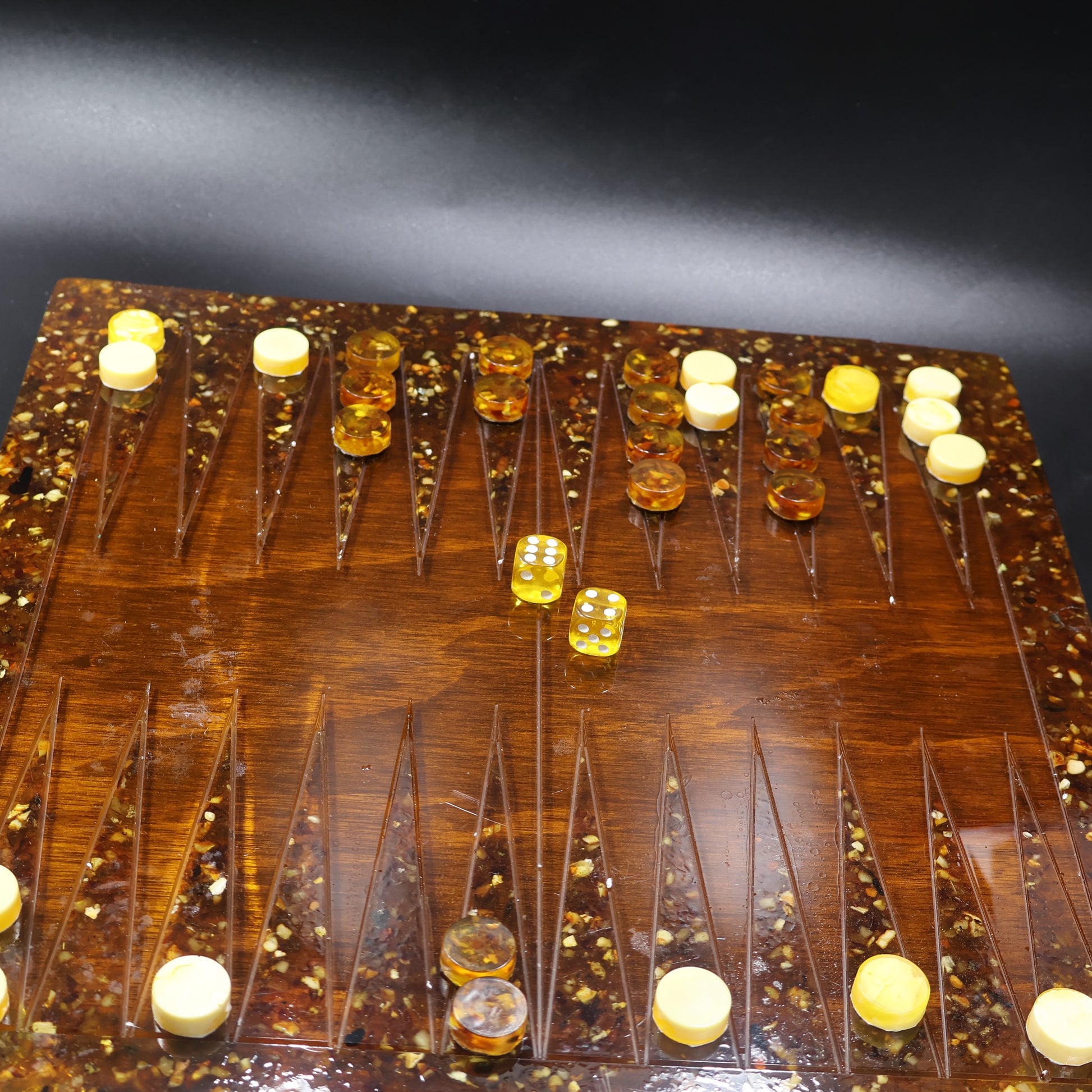 Baltic amber backgammon board dice and pieces in play