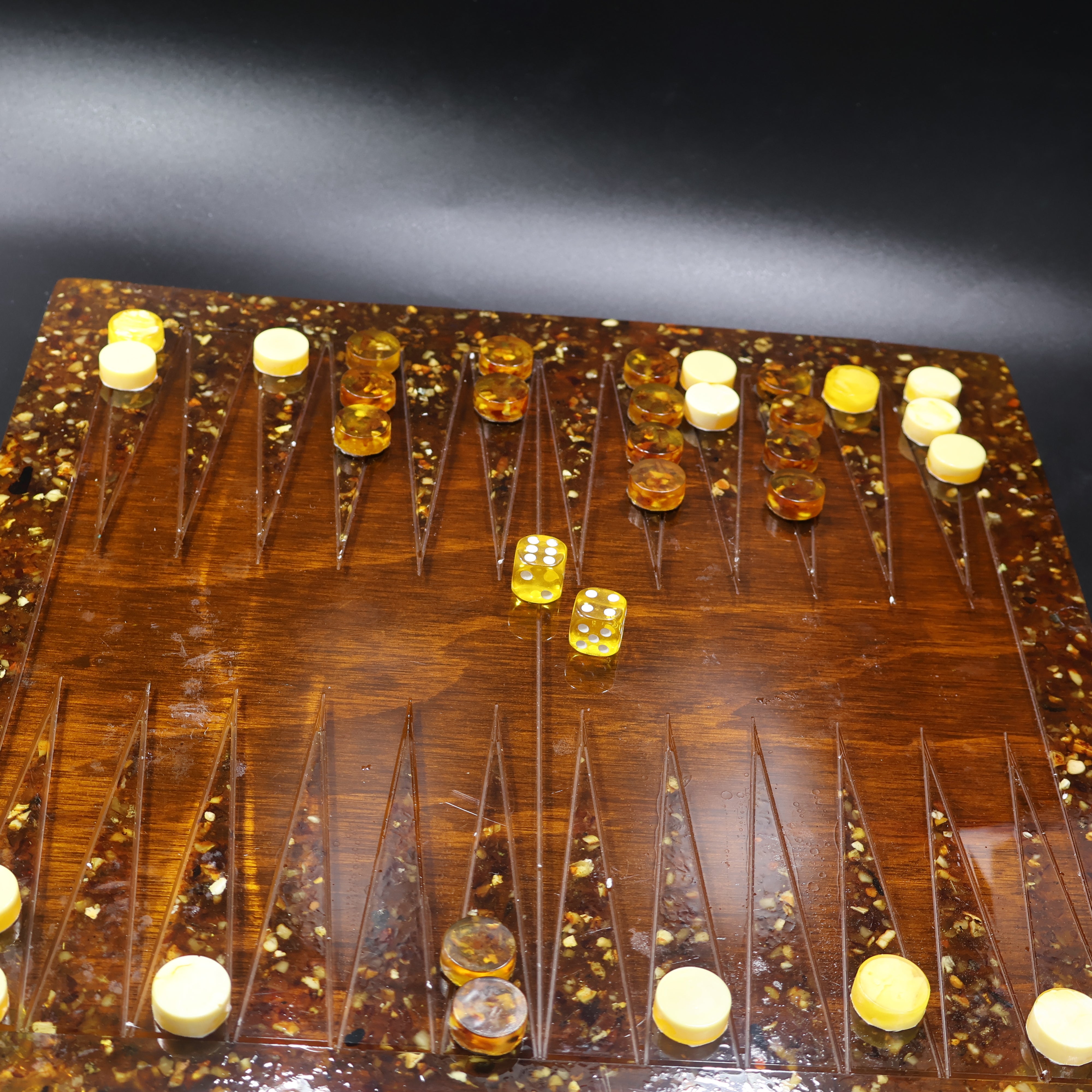Baltic amber backgammon board dice and pieces in play