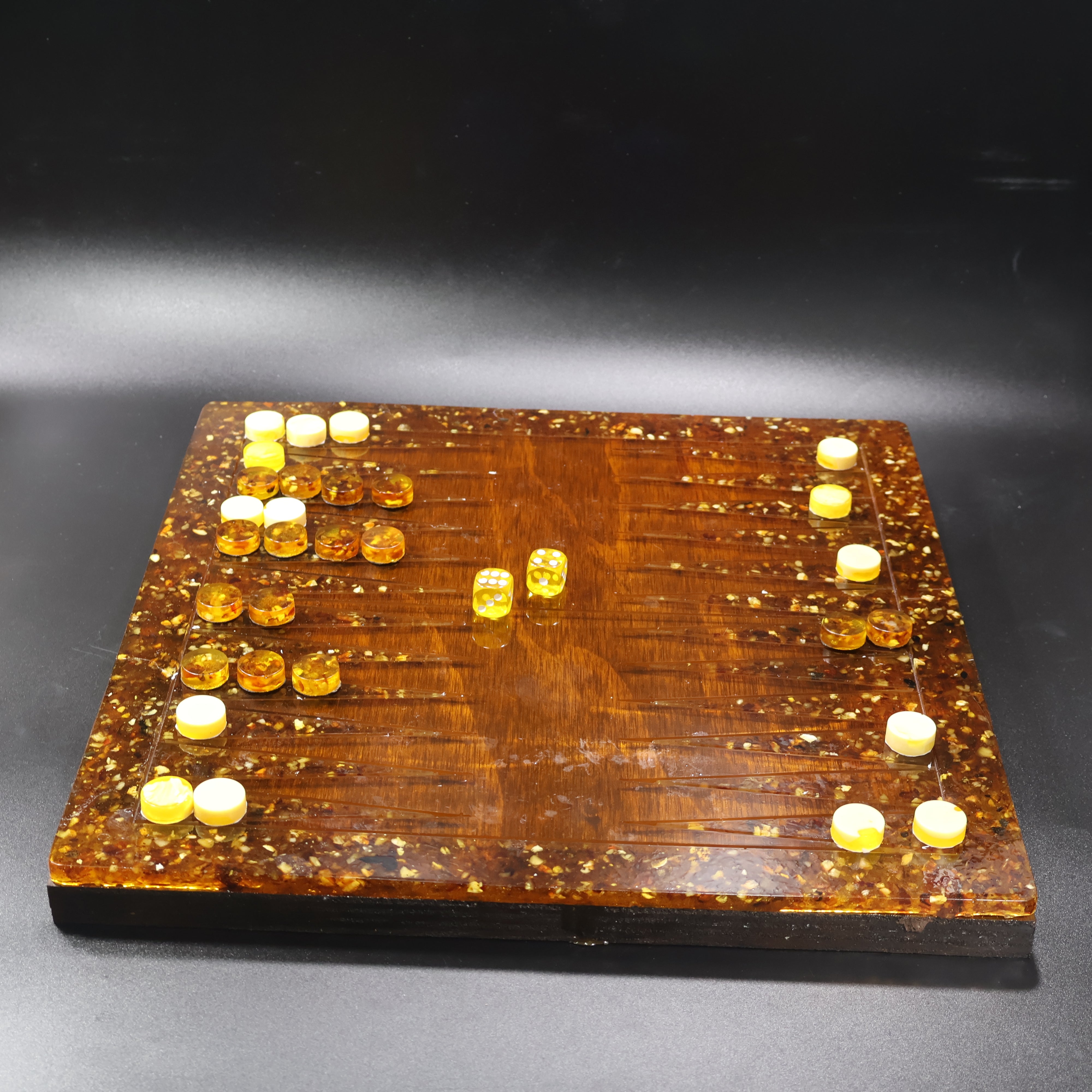 Genuine amber backgammon board triangular points detail