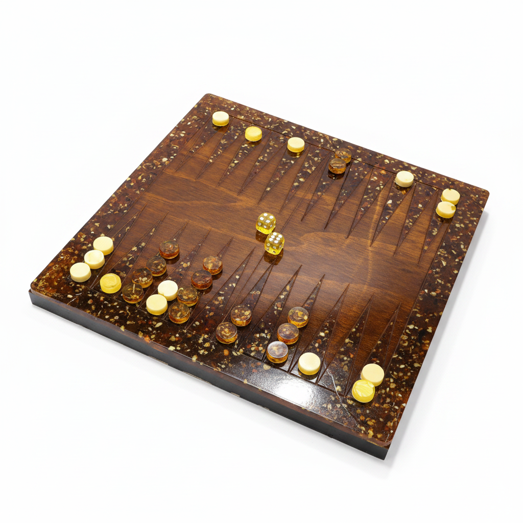 Made in USA natural Baltic amber backgammon board with bamboo wood and amber checkers by KIZIMA, white background