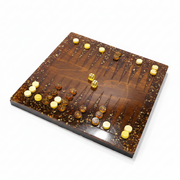 Made in USA natural Baltic amber backgammon board with bamboo wood and amber checkers by KIZIMA, white background