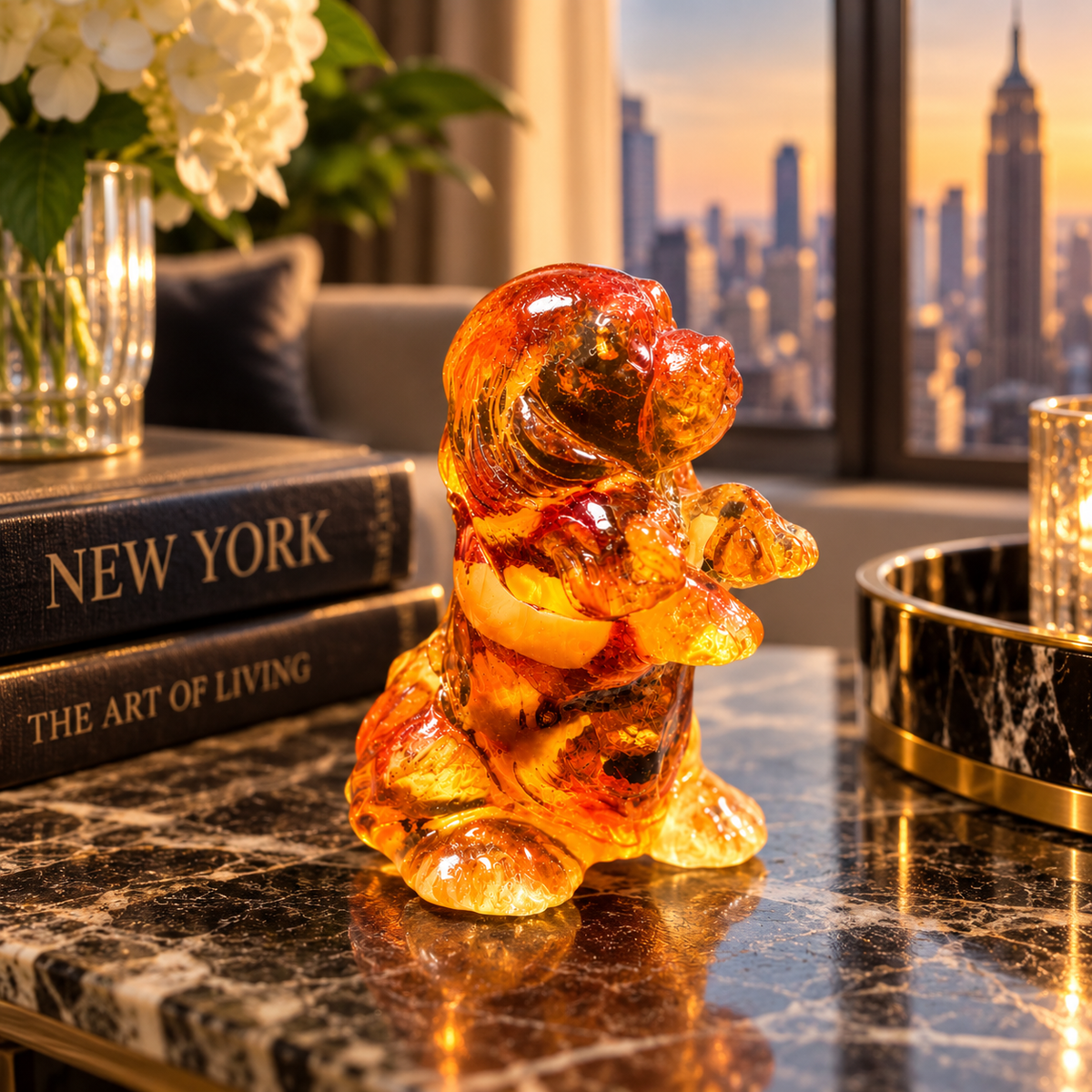 Made in USA natural Baltic amber begging puppy figurine as desk decor on a marble console with Manhattan skyline — dog lover gift by KIZIMA® Brooklyn NY