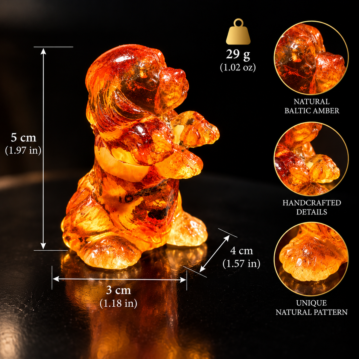 Made in USA natural Baltic amber begging puppy figurine size chart — 5 cm (1.97 in) tall, 4 cm (1.57 in) deep, 3 cm (1.18 in) wide, 29 g (1.02 oz) — KIZIMA® Brooklyn NY