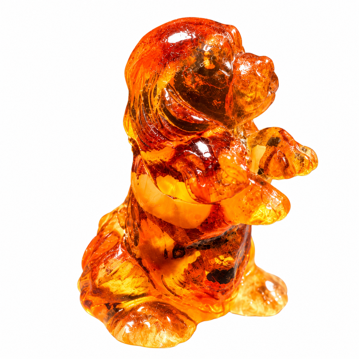 Made in USA natural Baltic amber begging puppy figurine on white background — floppy-eared puppy sitting up in translucent honey amber with natural inclusions, KIZIMA® Brooklyn NY