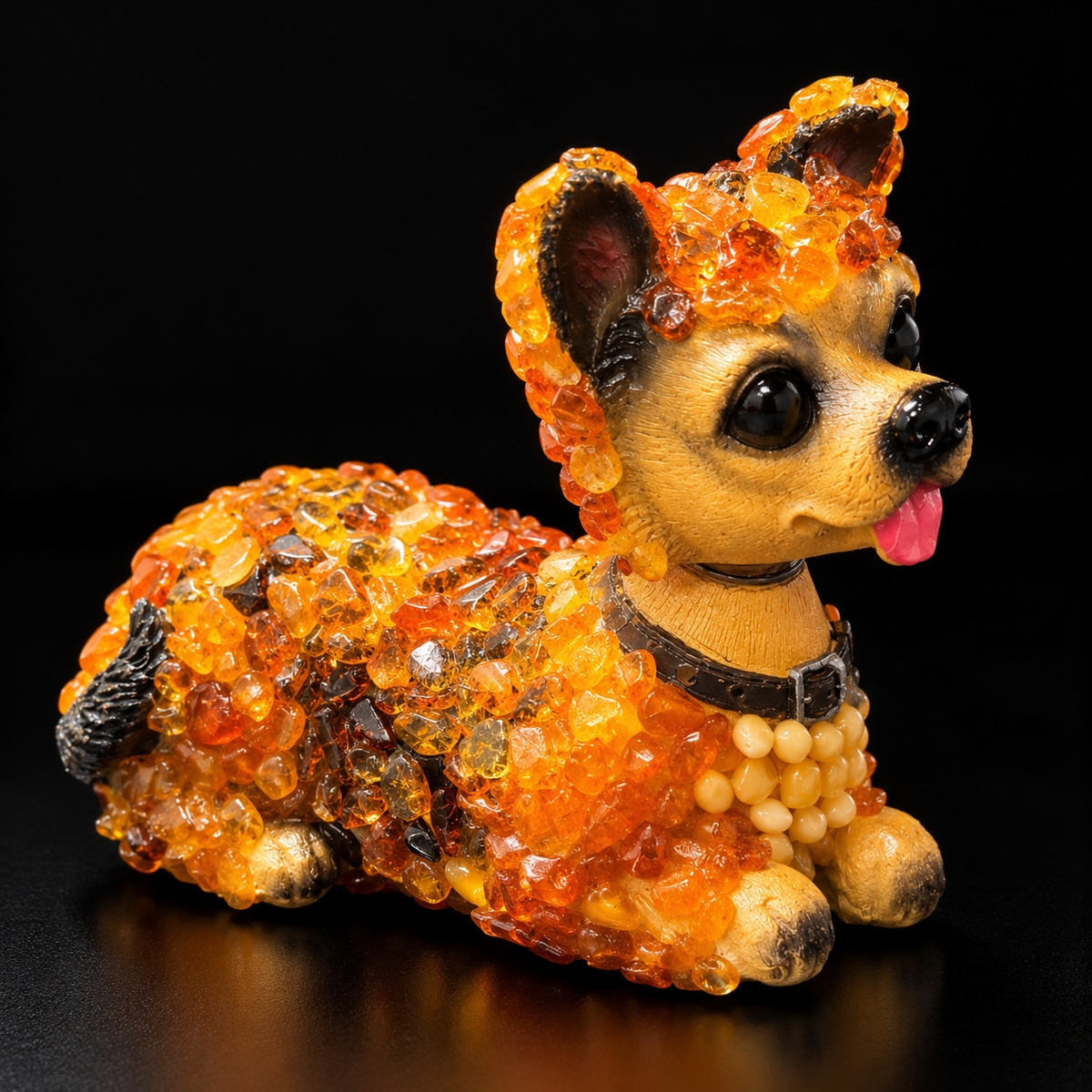 Made in USA natural Baltic amber bobblehead dog figurine, dark cognac amber nodding head puppy with tongue out on black background — KIZIMA® Brooklyn NY
