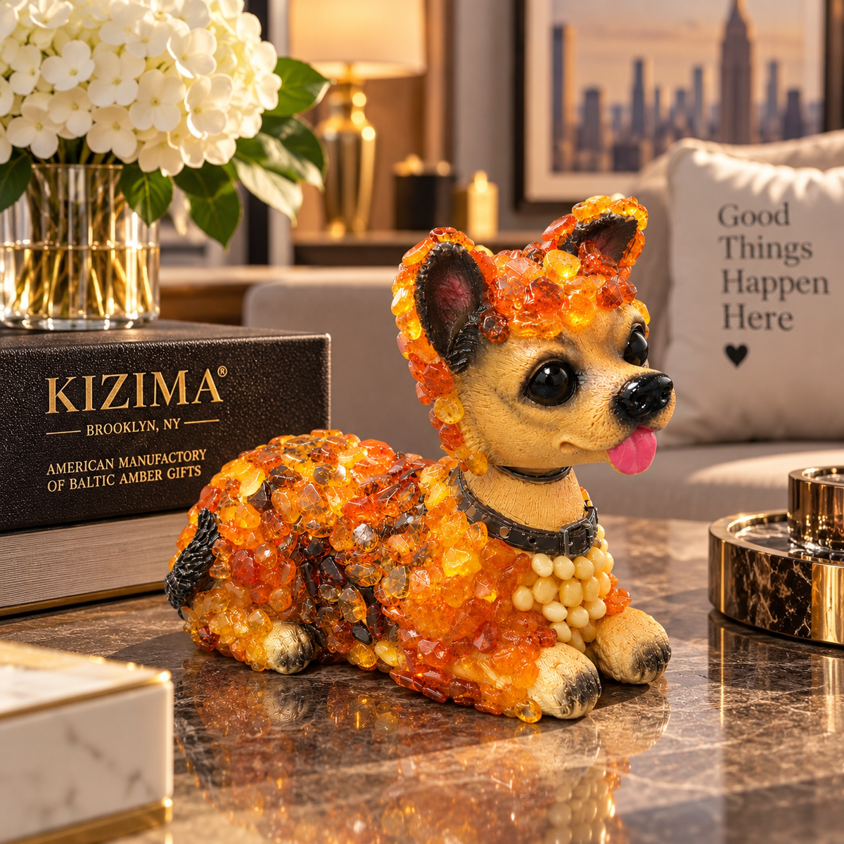 Made in USA natural Baltic amber bobblehead dog figurine on a marble console with KIZIMA® gift box in a Manhattan living room — dog lover gift