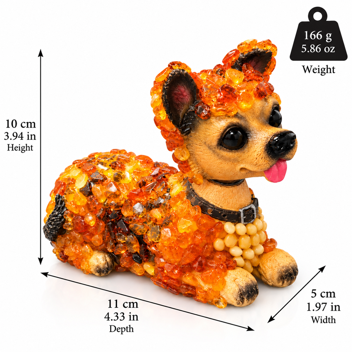 Made in USA natural Baltic amber bobblehead dog figurine size chart: height 10 cm (3.94 in), depth 11 cm (4.33 in), width 5 cm (1.97 in), weight 166 g (5.86 oz) — KIZIMA®