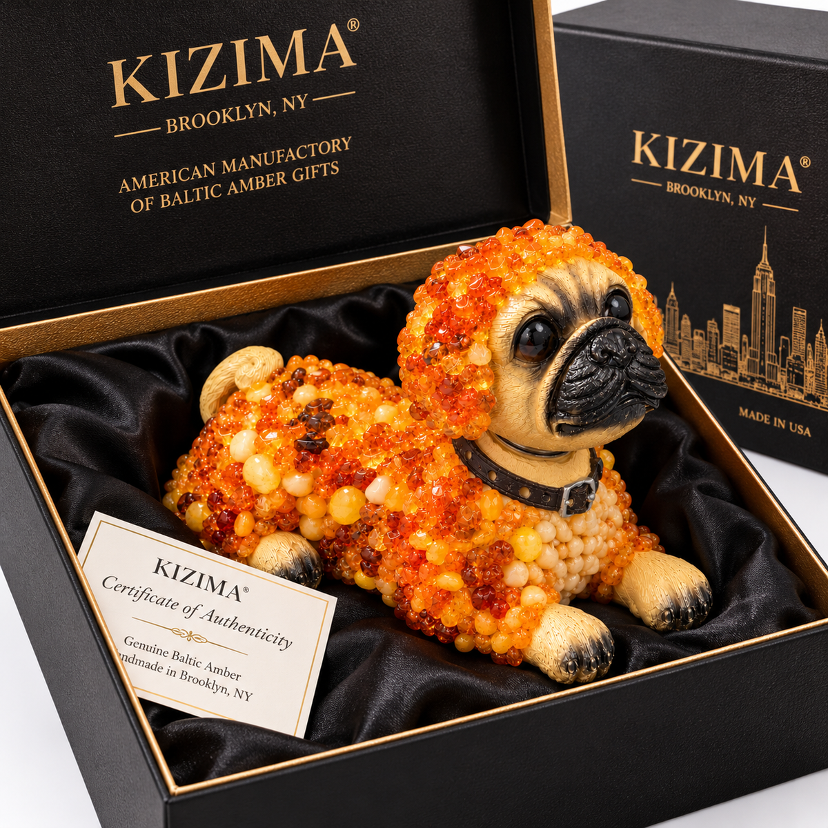 Made in USA natural Baltic amber bobblehead pug figurine in black KIZIMA® gift box with certificate of authenticity — ready-to-give pug lover gift