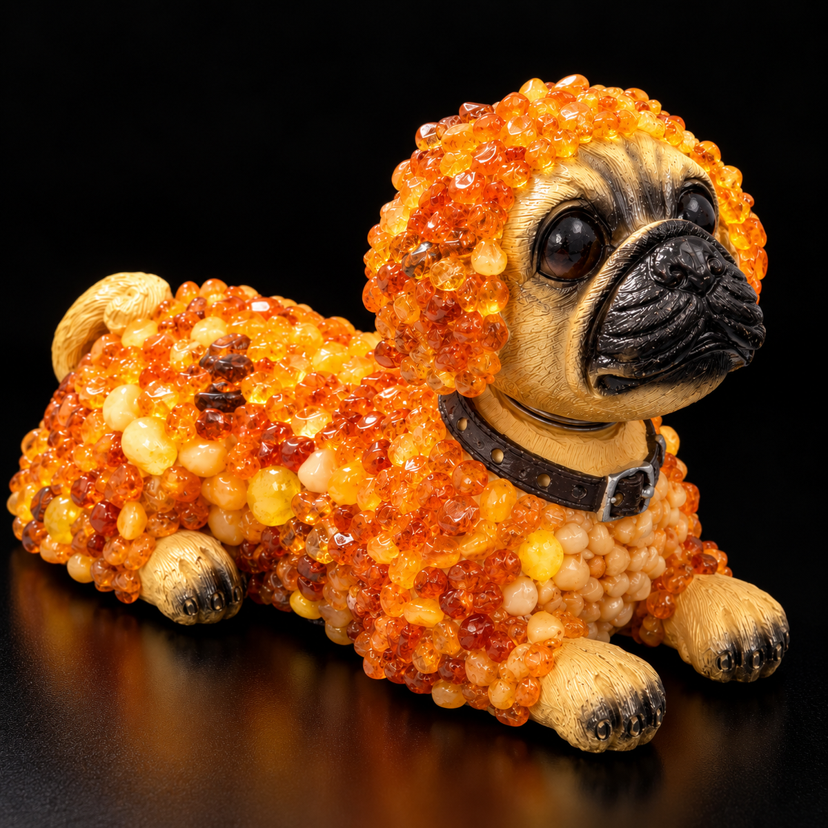 Made in USA natural Baltic amber bobblehead pug figurine, lying pug puppy with studded collar in honey and cognac amber mosaic on black background — KIZIMA® Brooklyn NY