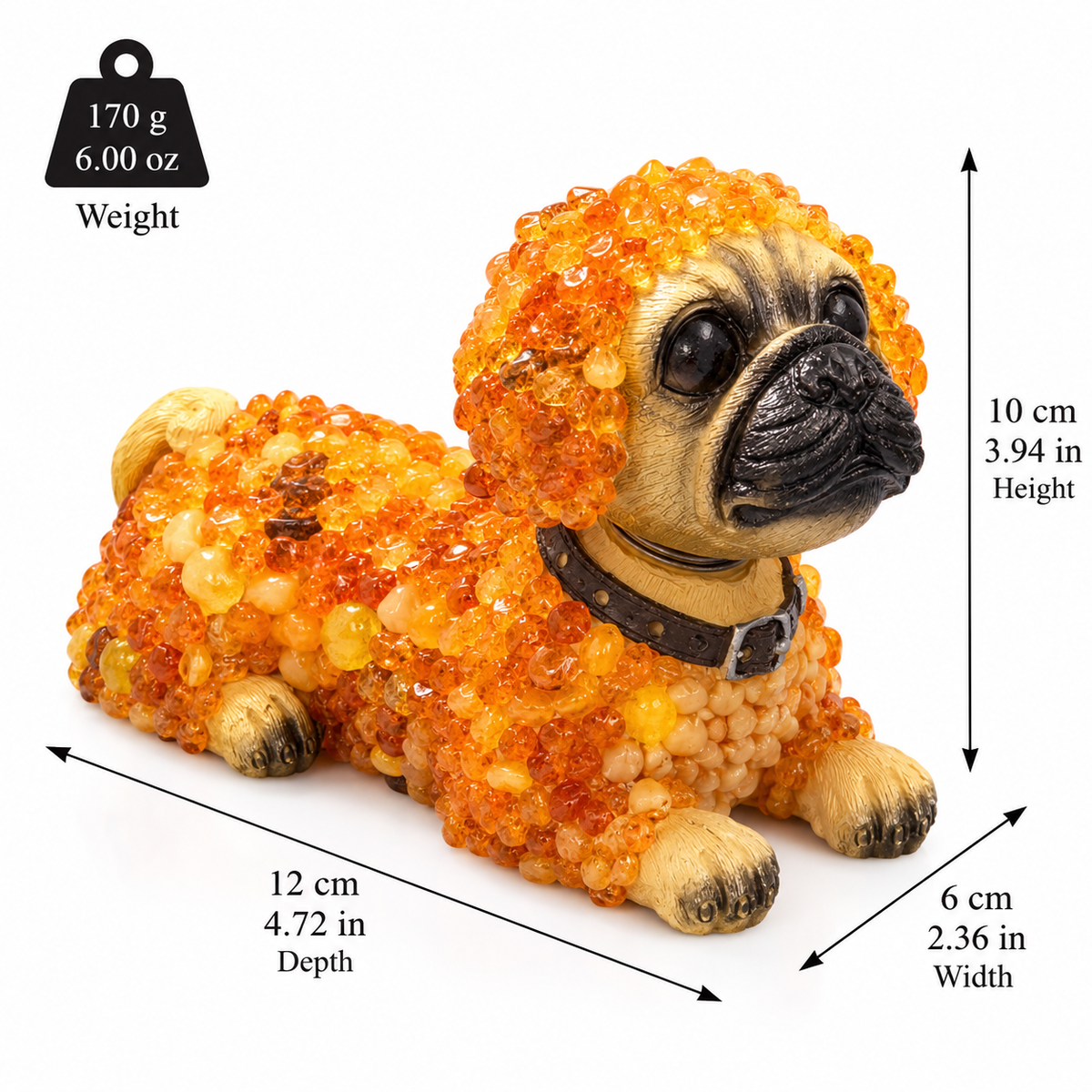 Made in USA natural Baltic amber bobblehead pug figurine size chart: height 10 cm (3.94 in), depth 12 cm (4.72 in), width 6 cm (2.36 in), weight 170 g (6.00 oz) — KIZIMA®