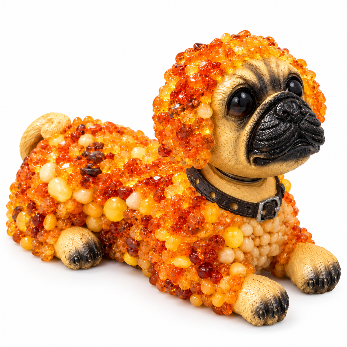 Made in USA natural Baltic amber bobblehead pug figurine on white background — lying pug puppy in honey and cognac amber mosaic, KIZIMA® Brooklyn NY