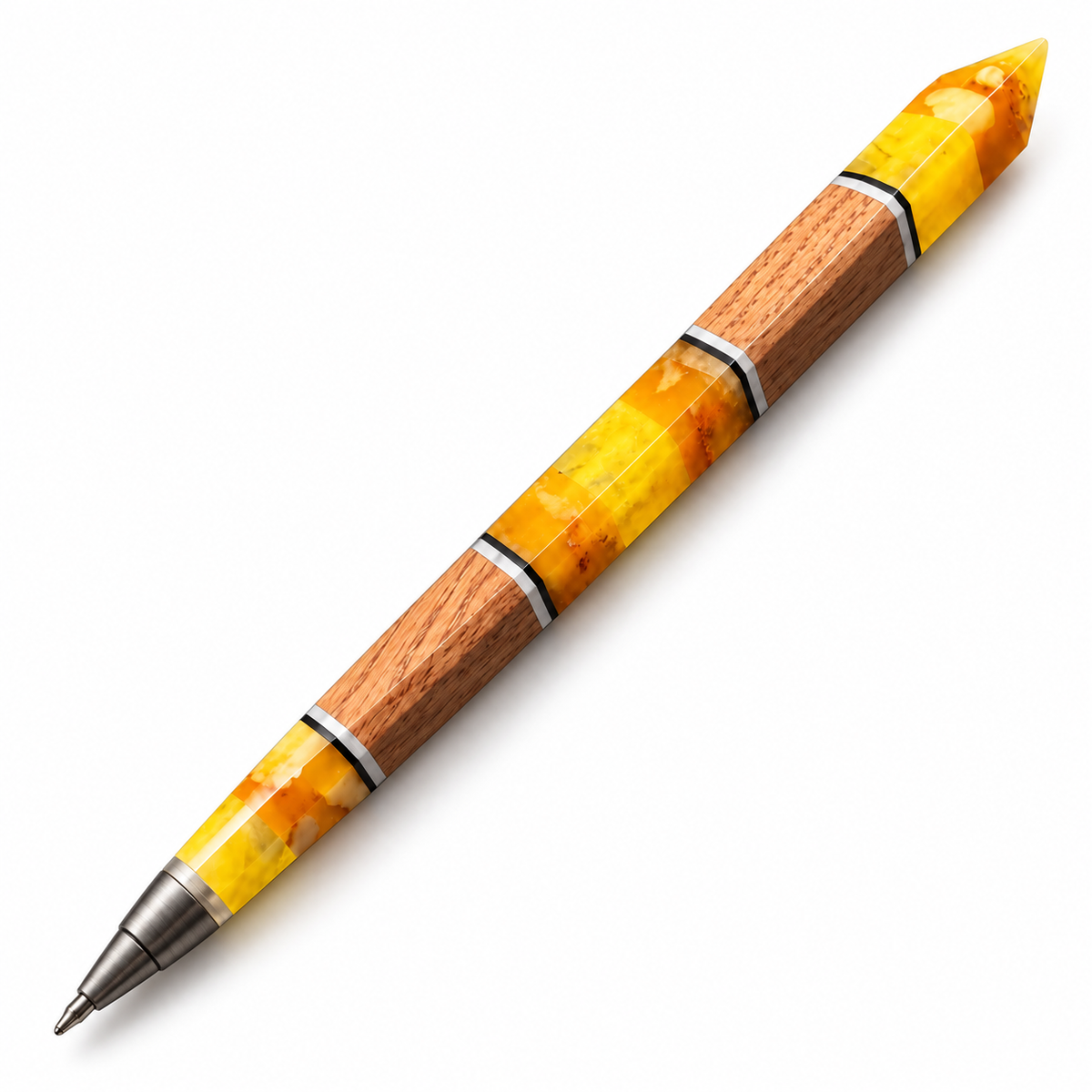 Made in USA Natural Baltic Amber and bog oak pen by KIZIMA® — handmade luxury gift for men, white background