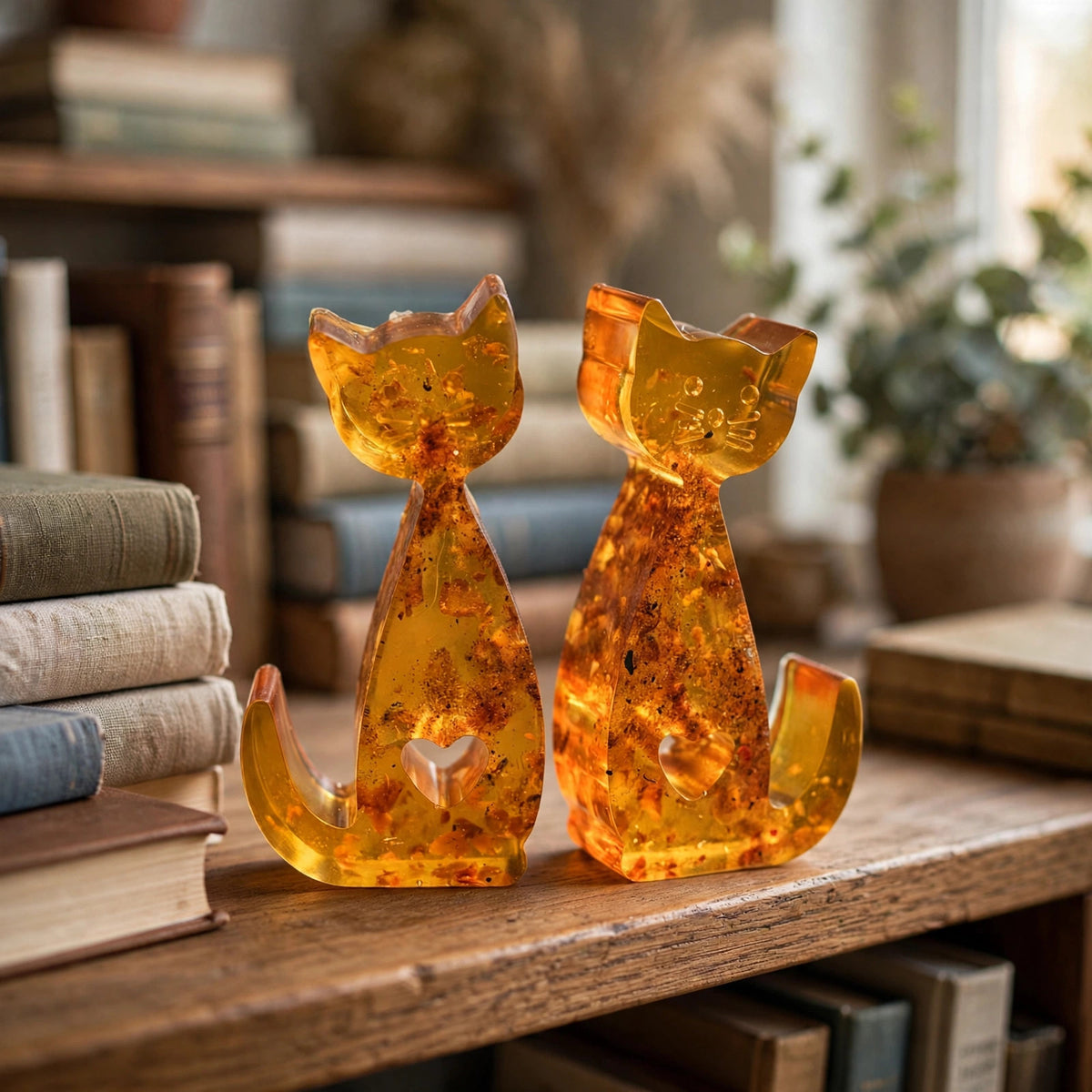 Amber cat figurines set of 2 styled on a wooden bookshelf — cozy gift for cat lover, handmade in USA from Baltic amber