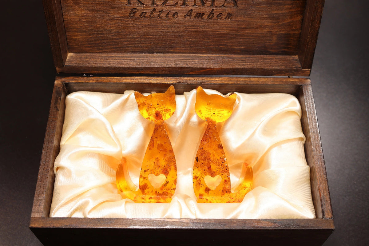 Amber cat figurines in KIZIMA branded wooden gift box with satin lining, ready to give