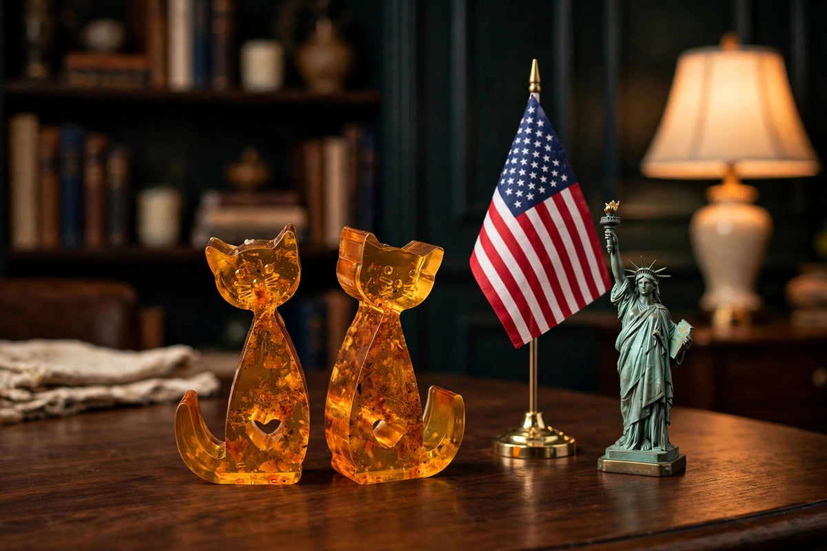 Amber cat figurines in New York interior with American flag and Statue of Liberty, handmade in USA by KIZIMA
