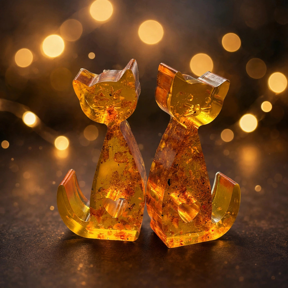 Two honey amber cats with heart cutouts in warm romantic light — Valentine's Day gift for wife, handmade by KIZIMA USA