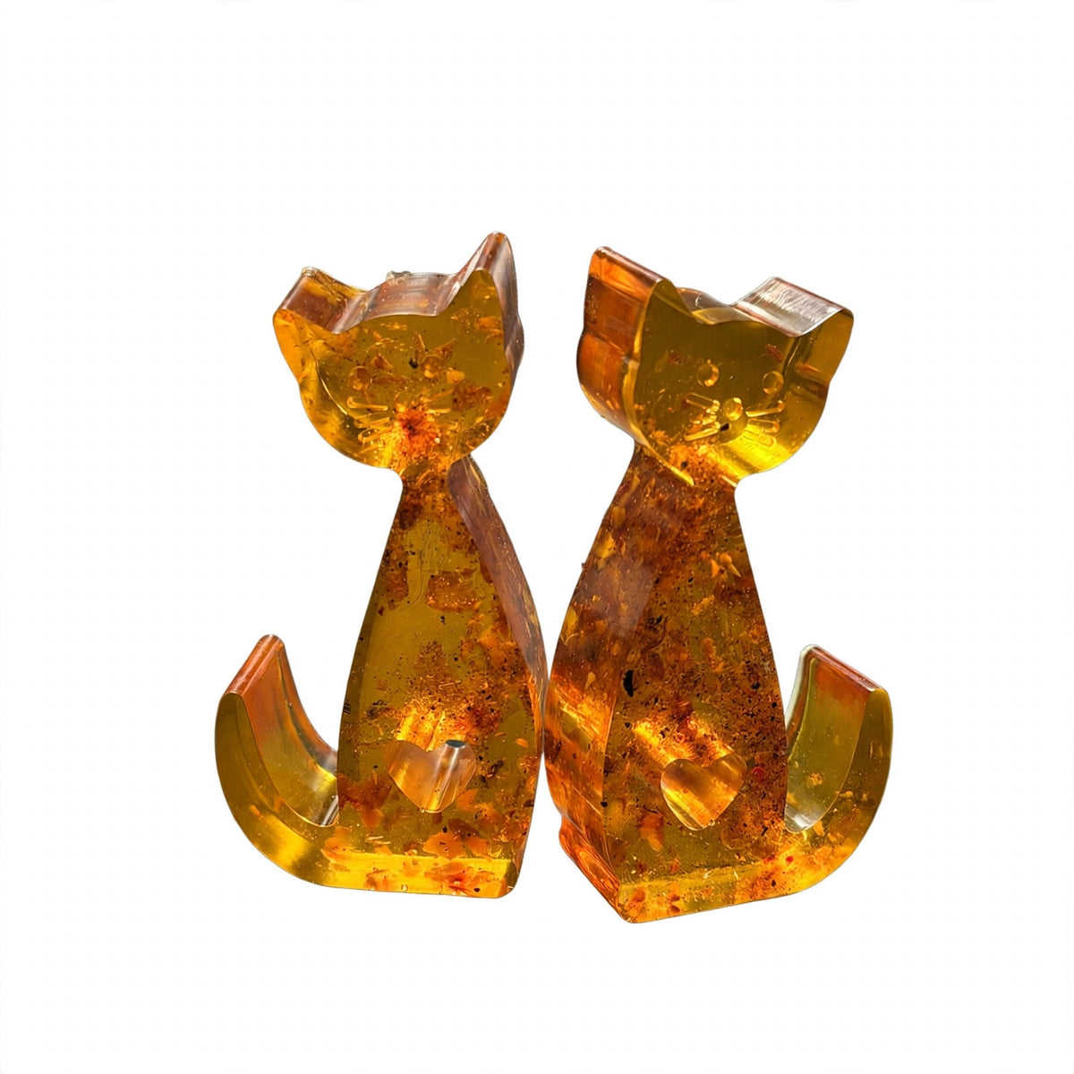 Amber cat figurines set of 2 on pure white background, natural Baltic amber, KIZIMA