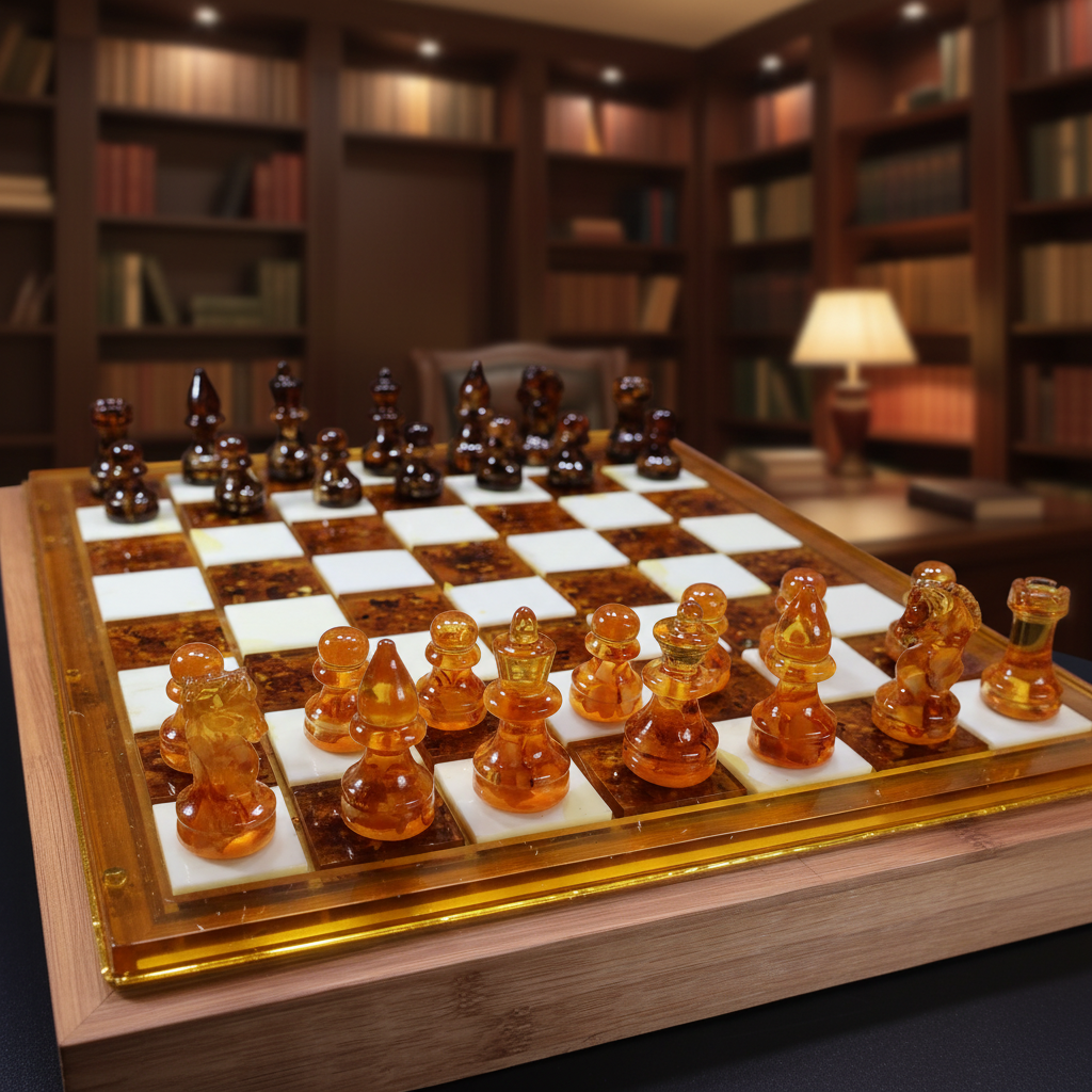 Made in USA natural Baltic amber chess set with wood inlaid board centered on executive desk, blurred boss office with bookshelves behind, KIZIMA luxury gift