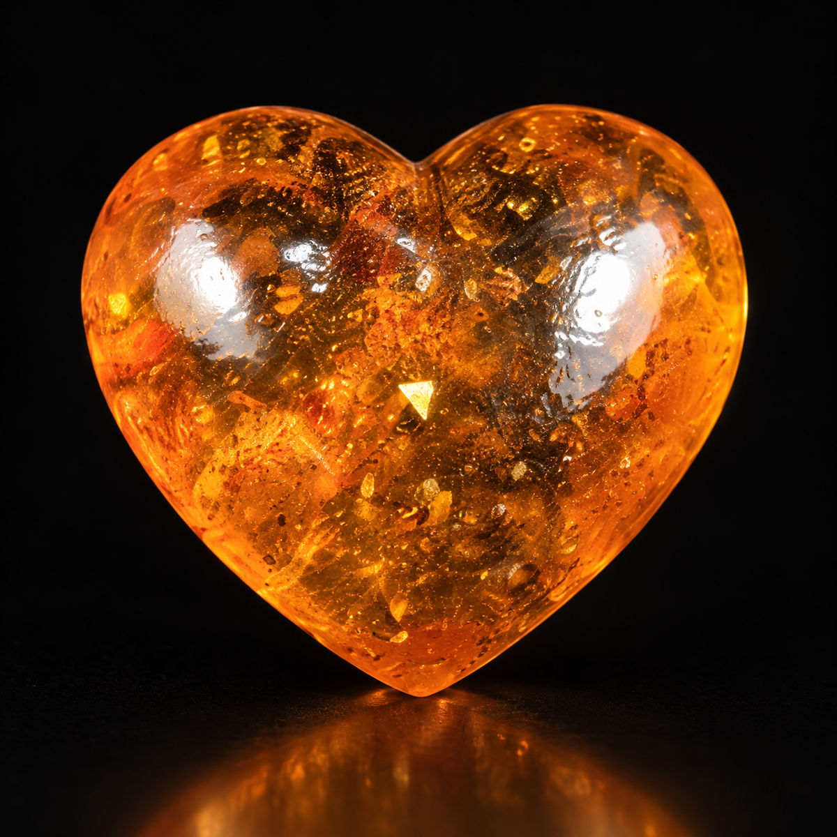 Genuine Baltic amber heart sculpture on a black studio backdrop, handcrafted in Brooklyn New York by KIZIMA®, Made in USA