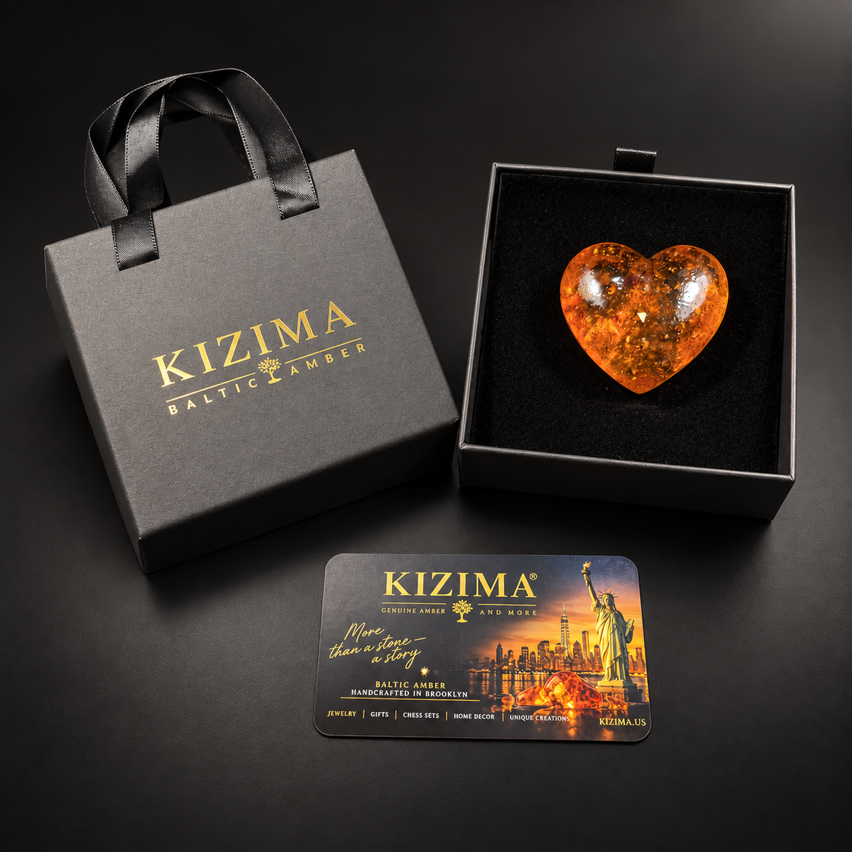 Baltic amber heart keepsake with KIZIMA® gift box and business card, Valentine's Day gift for her handcrafted in Brooklyn