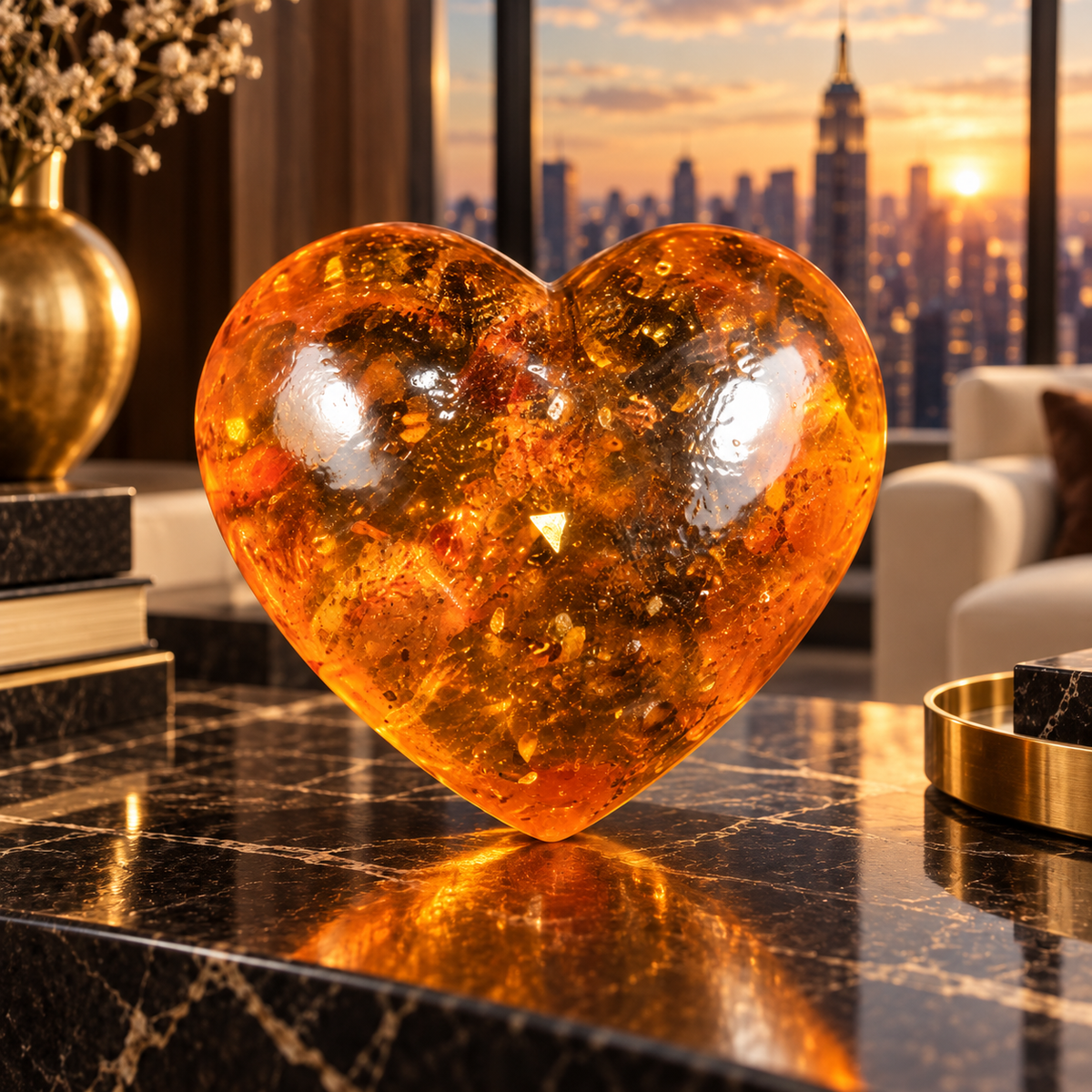 Natural Baltic amber heart sculpture displayed in a Manhattan interior, Made in USA romantic home decor by KIZIMA®