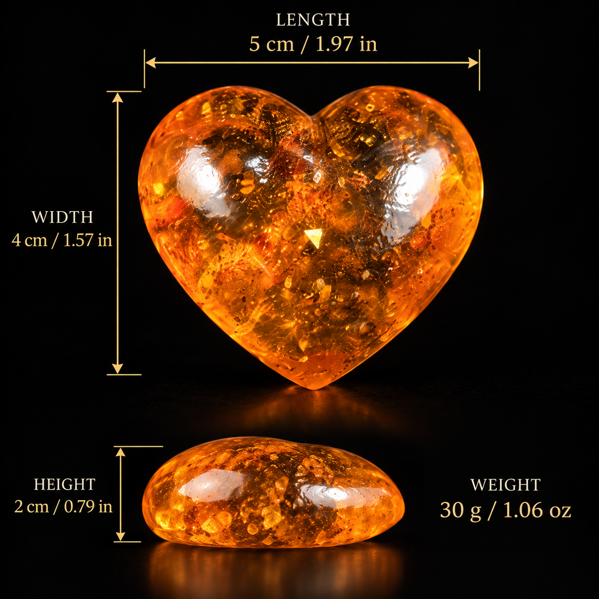 Size and weight guide for the KIZIMA® Natural Baltic Amber classic heart sculpture, Made in USA amber keepsake