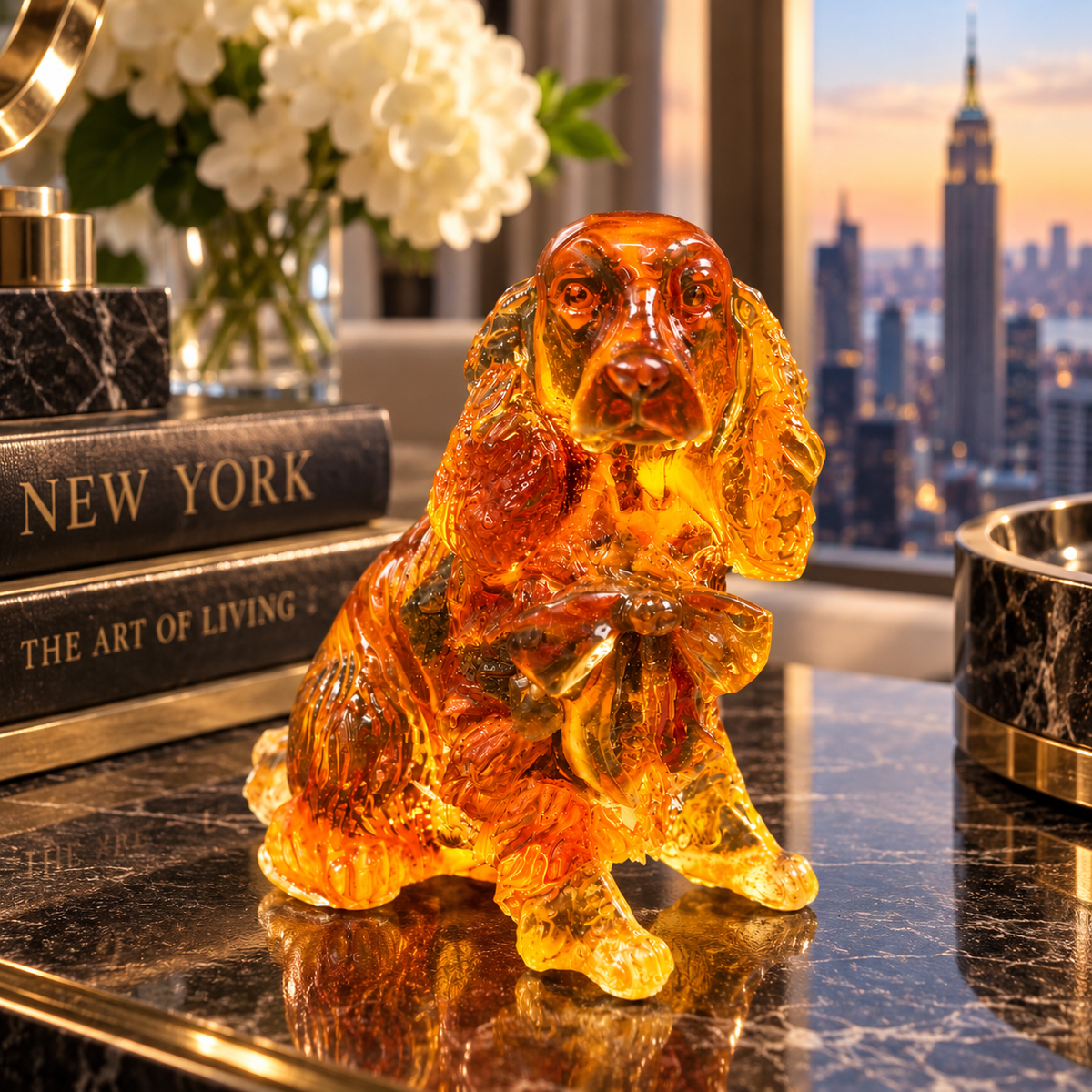 Made in USA natural Baltic amber Cocker Spaniel figurine as desk decor on a marble console with Manhattan skyline — spaniel lover gift by KIZIMA® Brooklyn NY