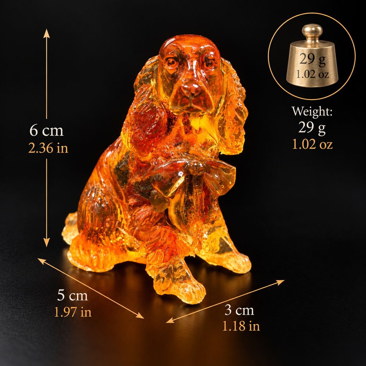 Made in USA natural Baltic amber Cocker Spaniel figurine size chart — 6 cm (2.36 in) tall, 5 cm (1.97 in) deep, 3 cm (1.18 in) wide, 29 g (1.02 oz) — KIZIMA® Brooklyn NY