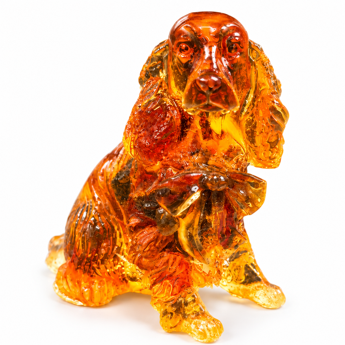 Made in USA natural Baltic amber Cocker Spaniel figurine on white background — sitting spaniel with bow in translucent honey amber with natural inclusions, KIZIMA® Brooklyn NY