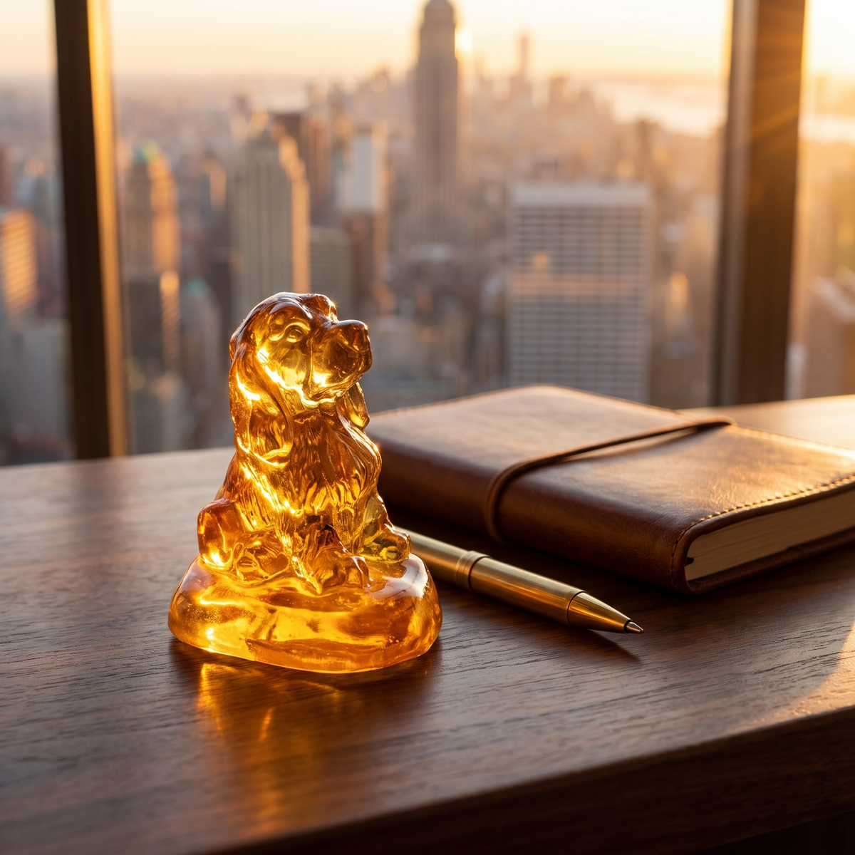 Made in USA natural Baltic amber Cocker Spaniel figurine on a desk with Manhattan skyline at golden hour — honey amber desk decor by KIZIMA® Brooklyn NY
