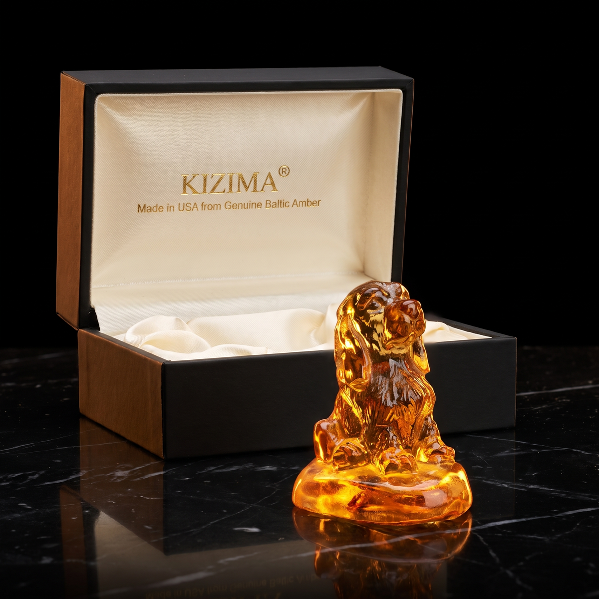 Made in USA natural Baltic amber Cocker Spaniel figurine with open black KIZIMA® gift box — ready-to-give spaniel lover gift, handcrafted in Brooklyn NY