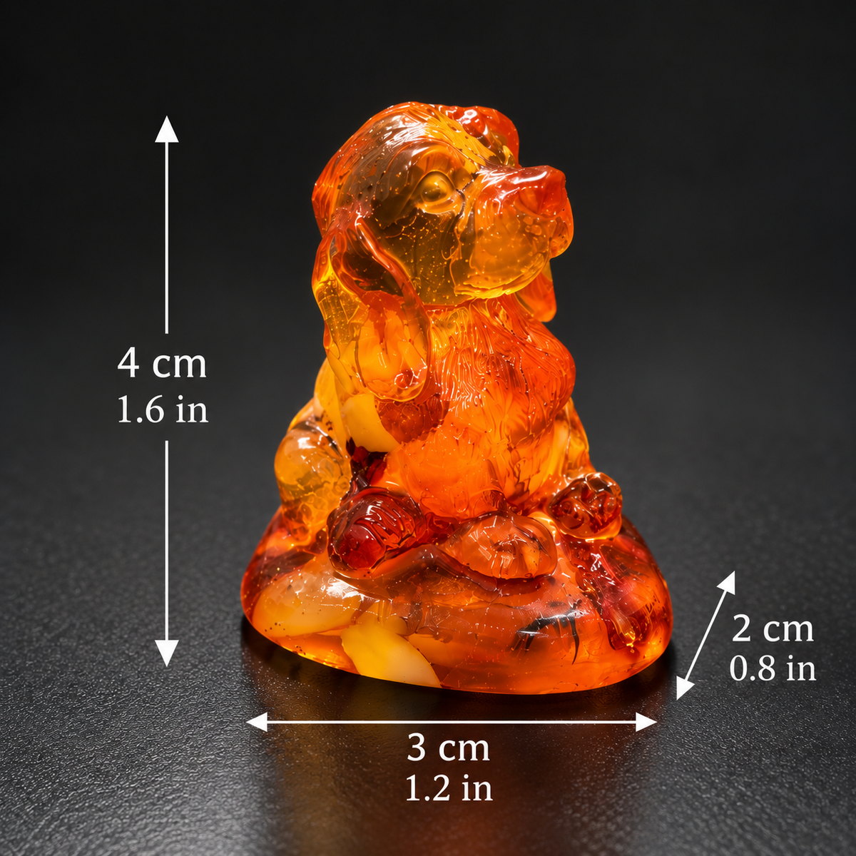 Made in USA natural Baltic amber Cocker Spaniel figurine size chart — 4 cm (1.6 in) tall, 3 cm (1.2 in) wide, 2 cm (0.8 in) deep, 9 g (0.32 oz) — KIZIMA® Brooklyn NY