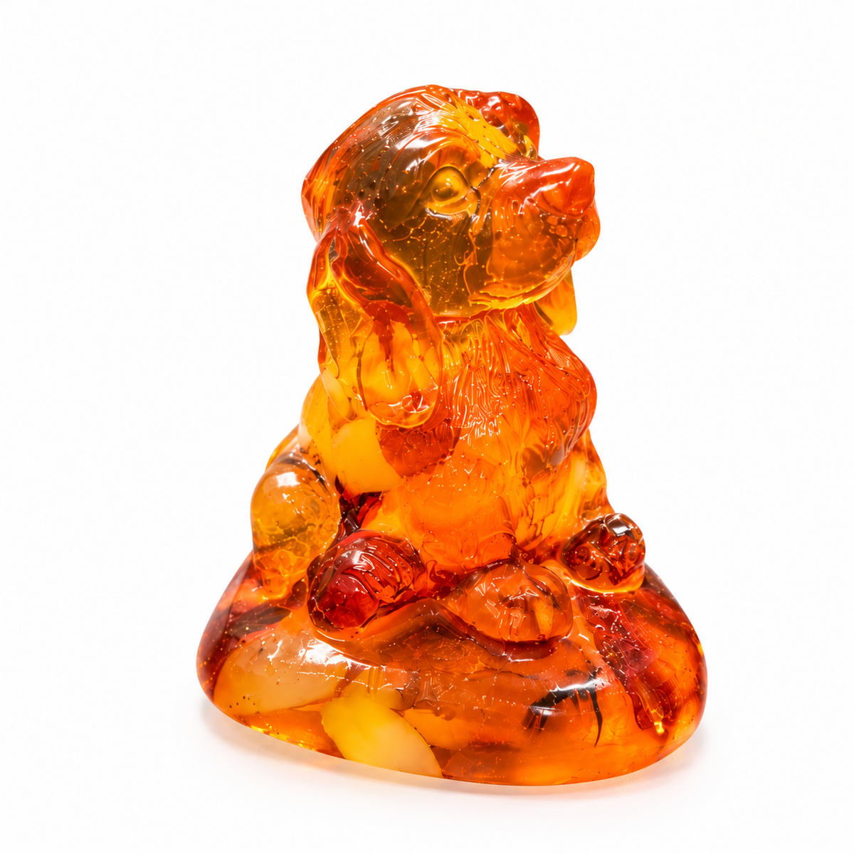 Made in USA natural Baltic amber Cocker Spaniel figurine on white background — sitting spaniel with long ears on amber base, KIZIMA® Brooklyn NY