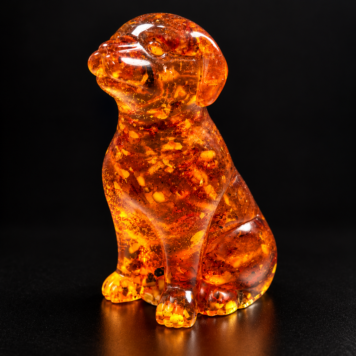 Made in USA natural Baltic amber collectible dog figurine, sitting dog glowing honey-cognac on black studio background — KIZIMA® Brooklyn NY
