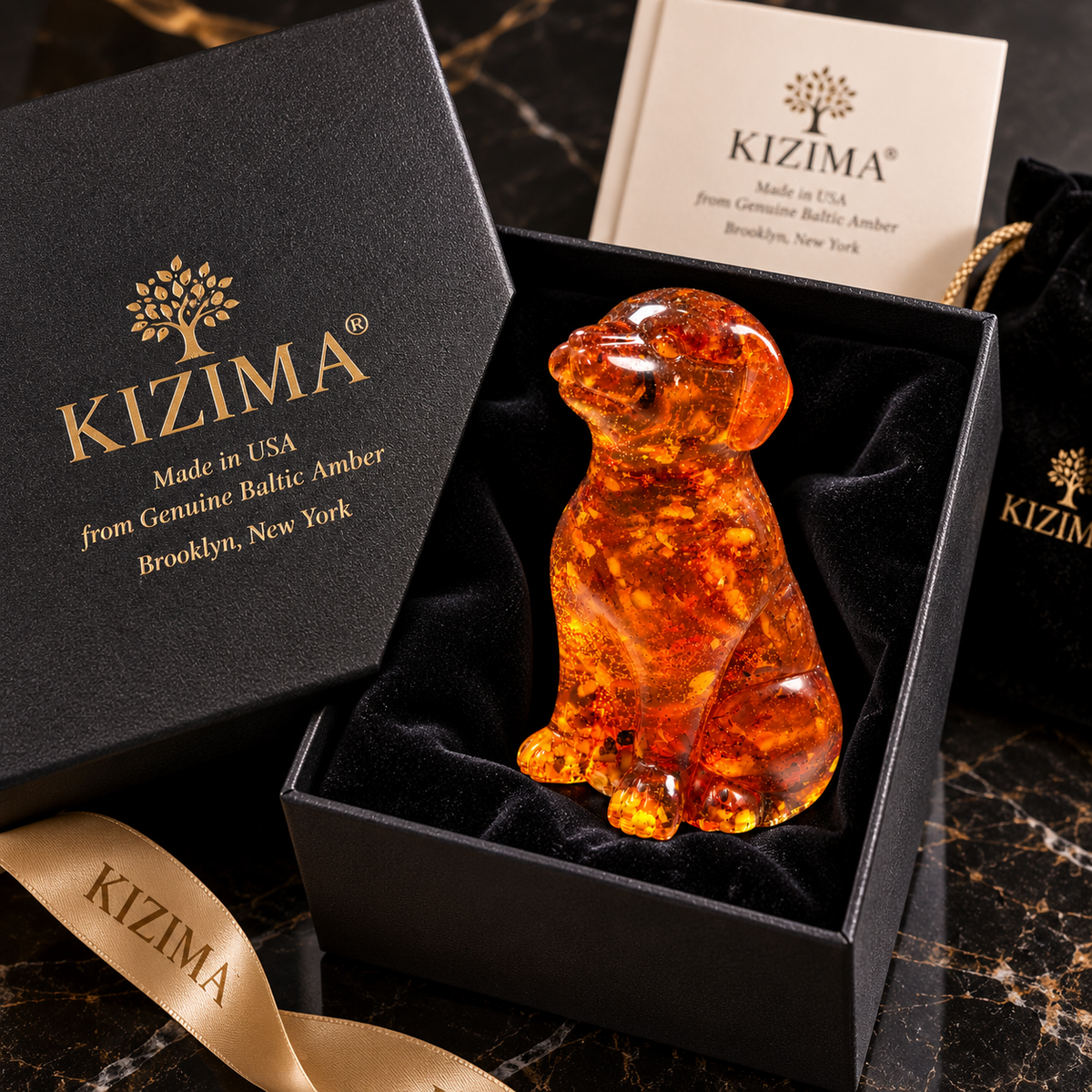 Made in USA natural Baltic amber collectible dog figurine in black KIZIMA® gift box with certificate of authenticity — ready-to-give dog lover gift