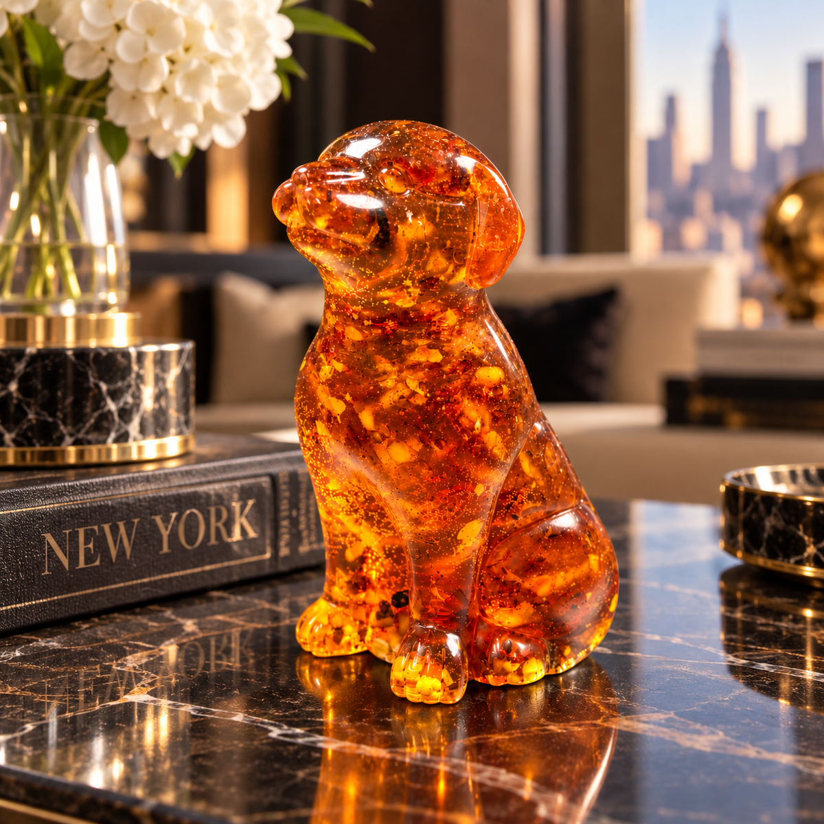 Made in USA natural Baltic amber collectible dog figurine as desk decor on a marble console with Manhattan skyline — dog lover gift by KIZIMA® Brooklyn NY