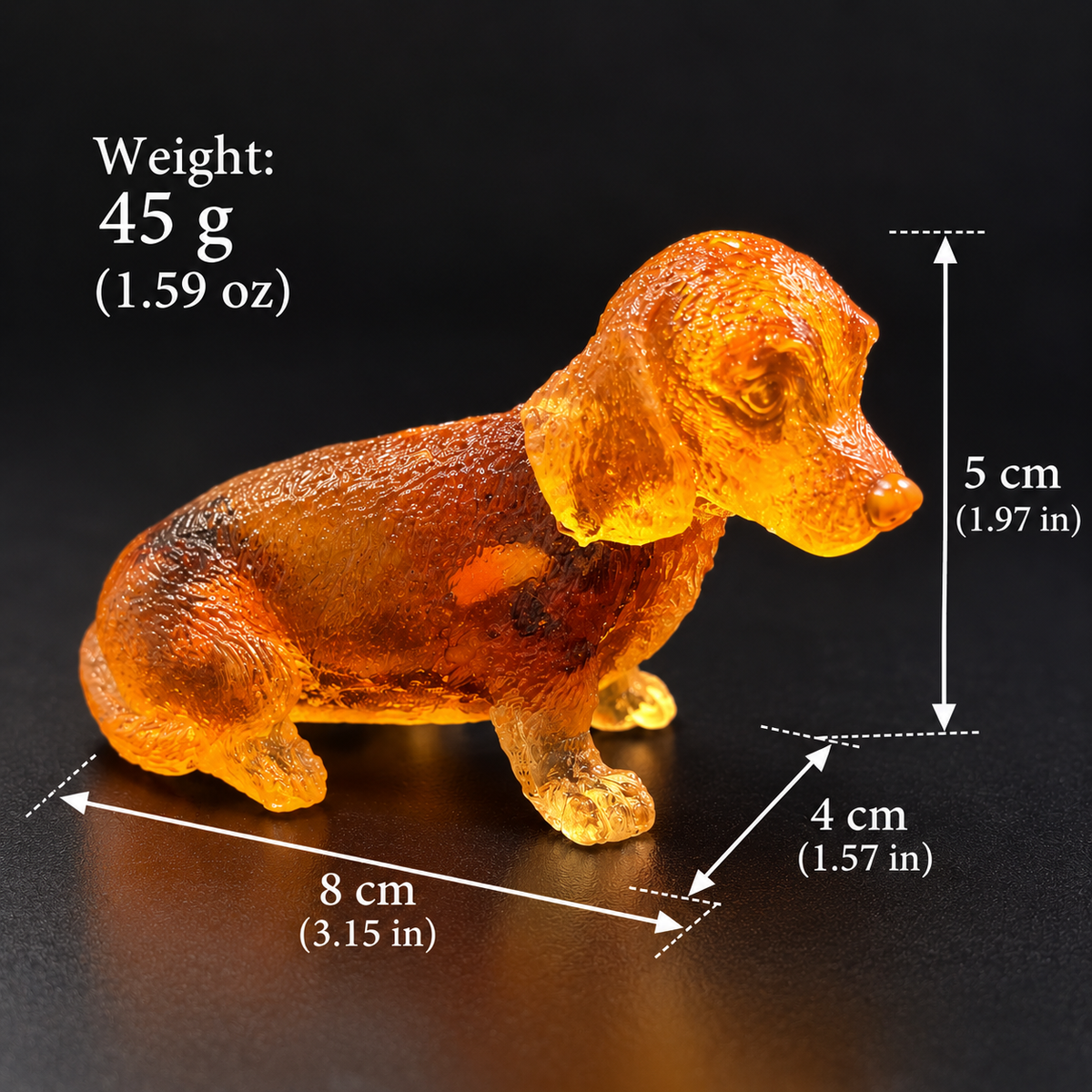 Made in USA natural Baltic amber sitting Dachshund figurine size chart — 5 cm (1.97 in) tall, 8 cm (3.15 in) long, 4 cm (1.57 in) wide, 45 g (1.59 oz) — KIZIMA® Brooklyn NY