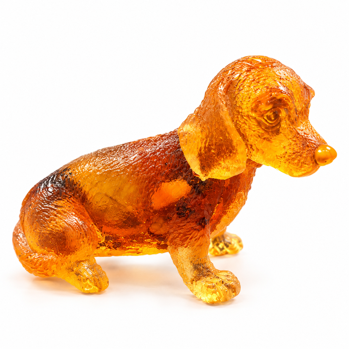 Made in USA natural Baltic amber sitting Dachshund figurine on white background — translucent honey-cognac wiener dog with natural inclusions, KIZIMA® Brooklyn NY