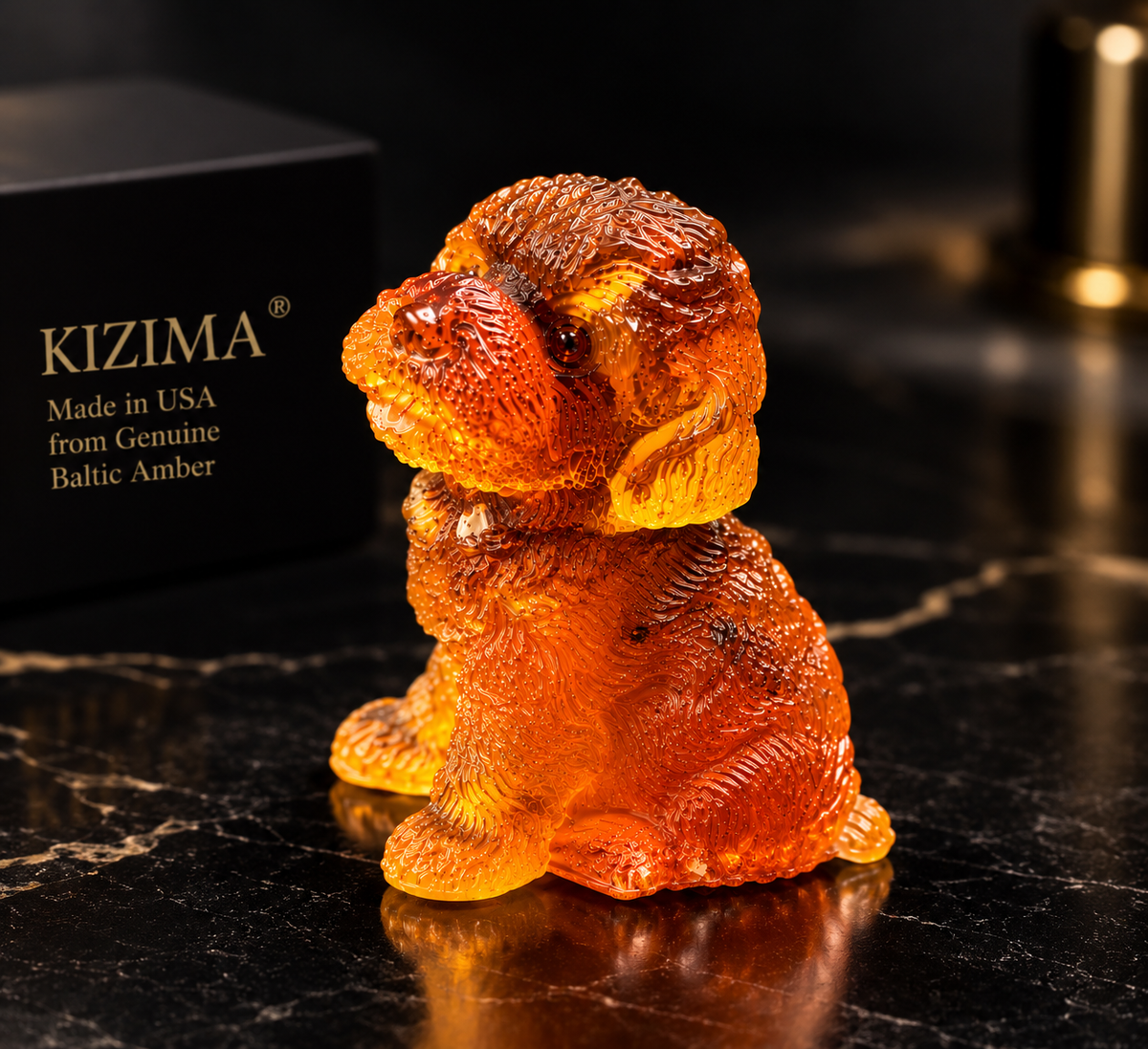 Made in USA natural Baltic amber Bichon Frise figurine with black KIZIMA® gift box — ready-to-give Bichon lover gift, handcrafted in Brooklyn NY