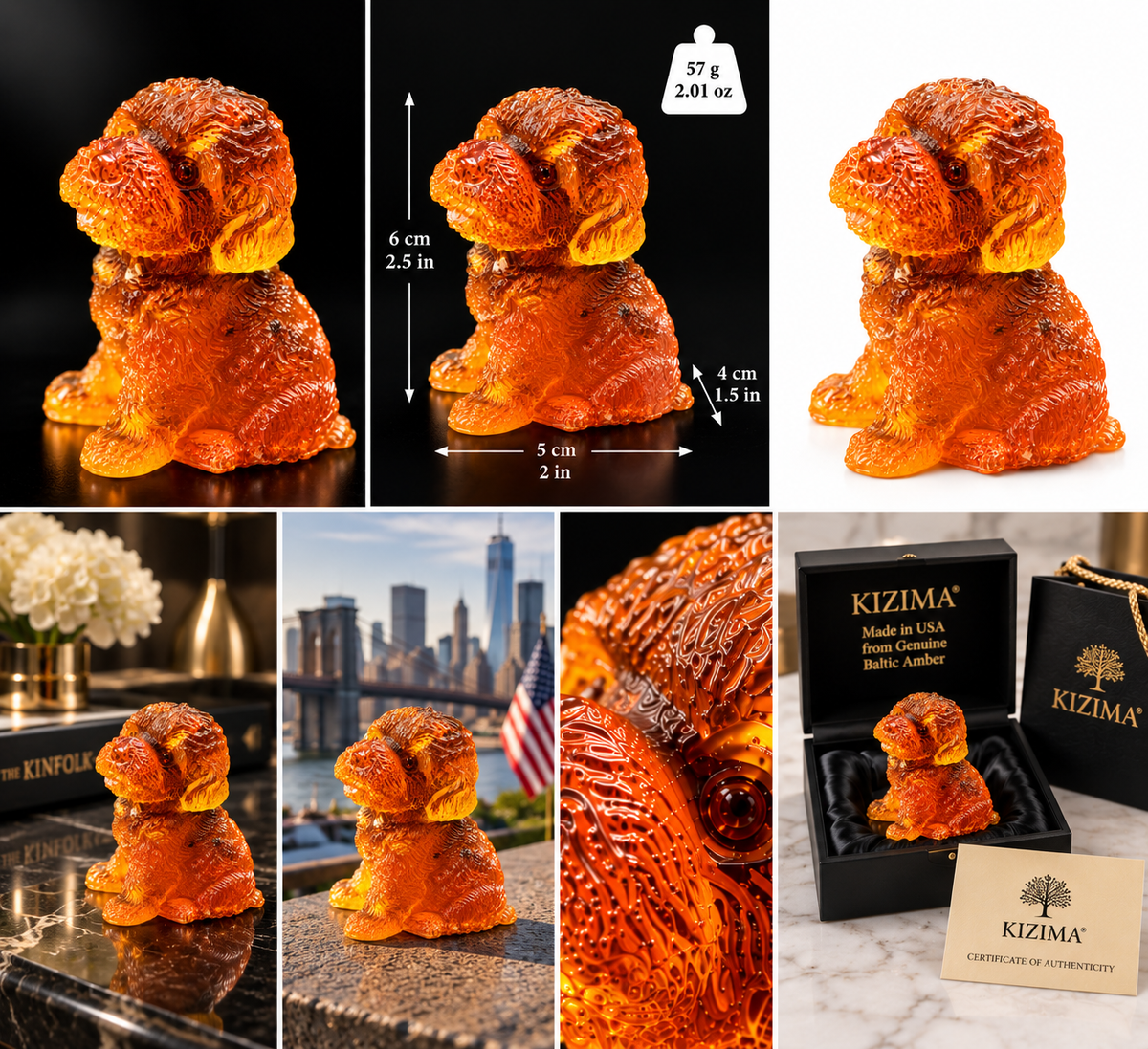 Made in USA natural Baltic amber Bichon Frise figurine collage — sitting puppy on a shelf, by the Brooklyn Bridge, in a KIZIMA® gift box with certificate of authenticity