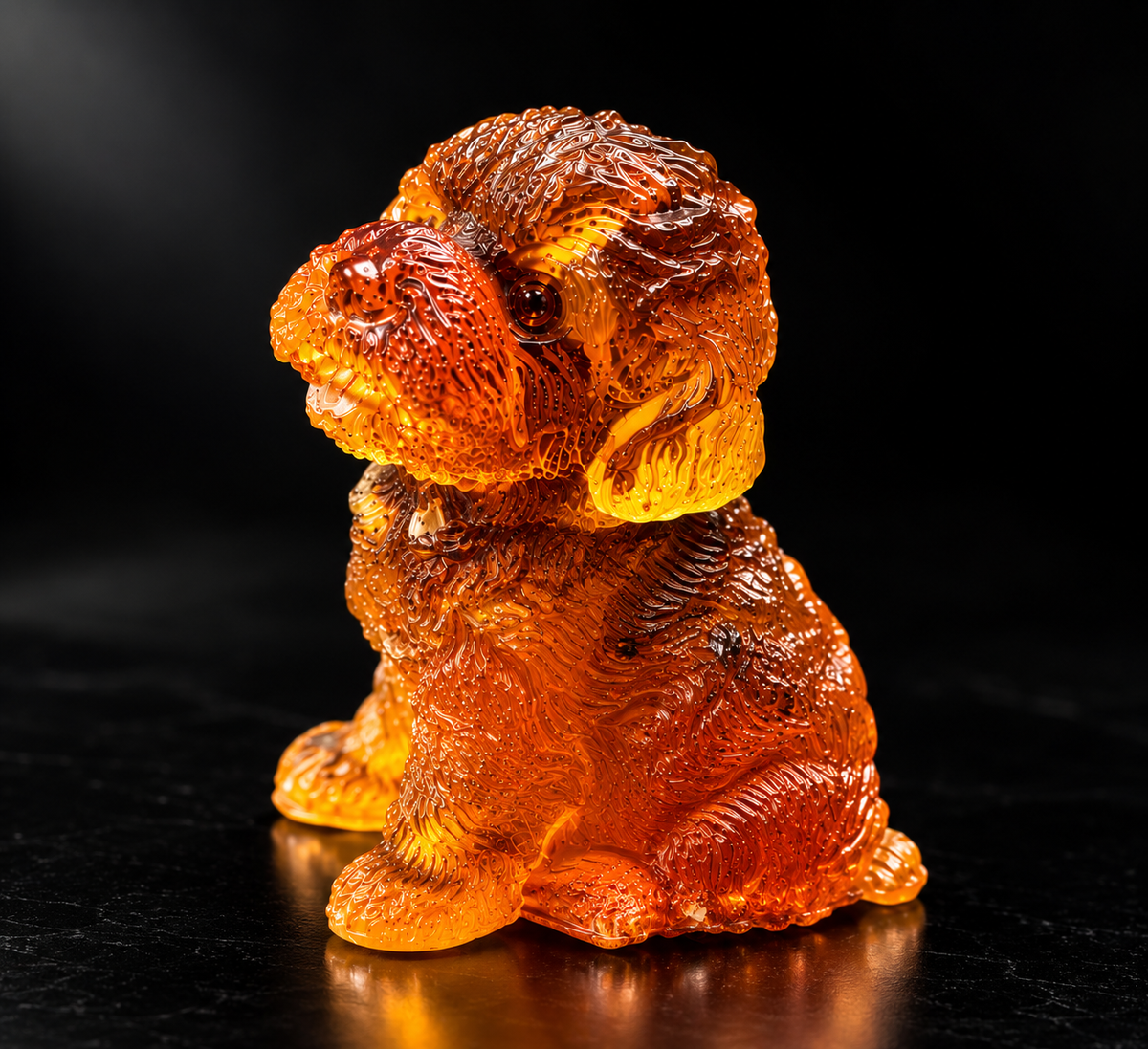 Made in USA natural Baltic amber Bichon Frise figurine, sitting fluffy puppy glowing on black studio background, handcrafted by KIZIMA® Brooklyn NY — gift for Bichon and dog lovers